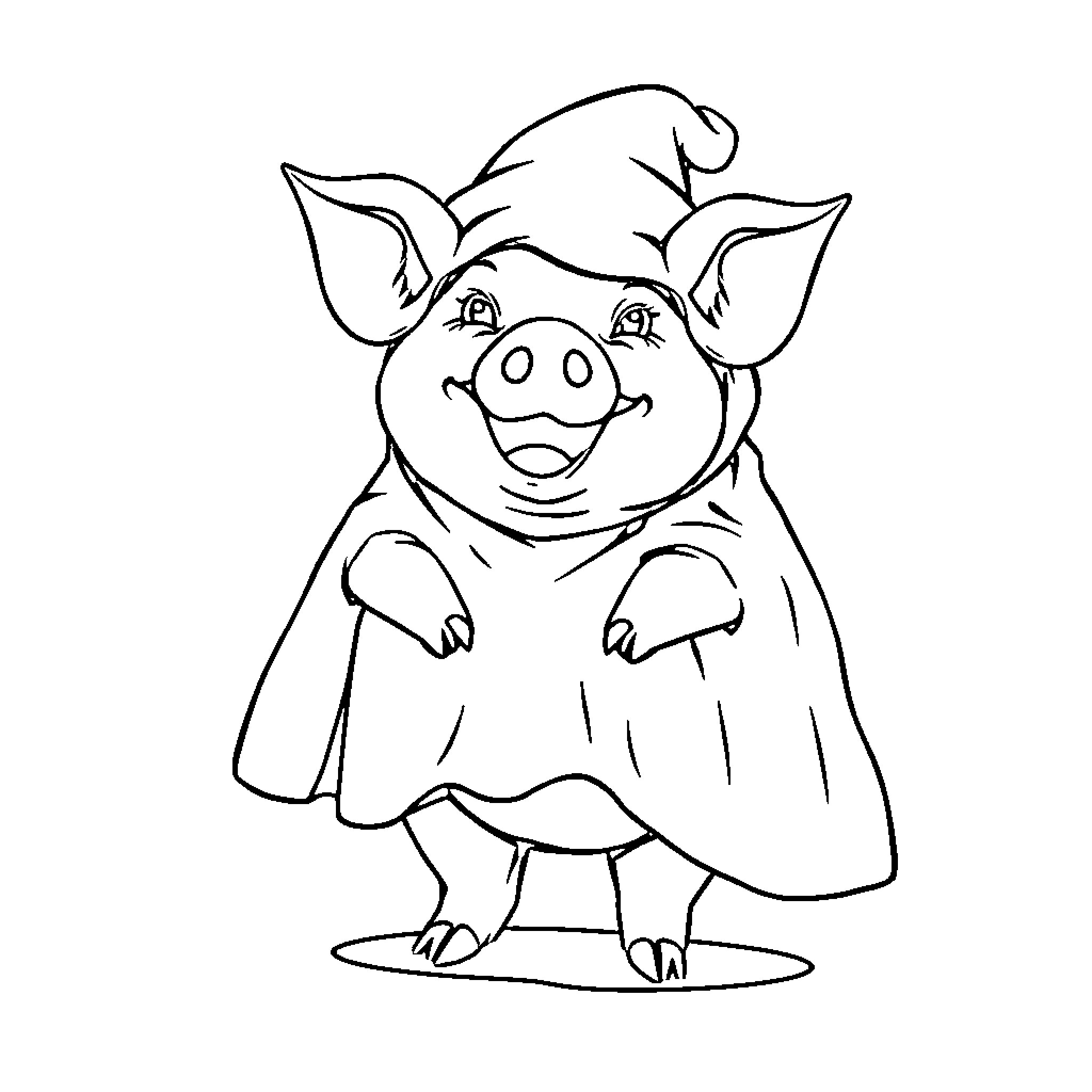 Pig wearing a cape and looking cheerful Coloring Page (free black-and-white line drawing printable PDF for all, from beginners to advanced learners, including children, teens, adults, and seniors)