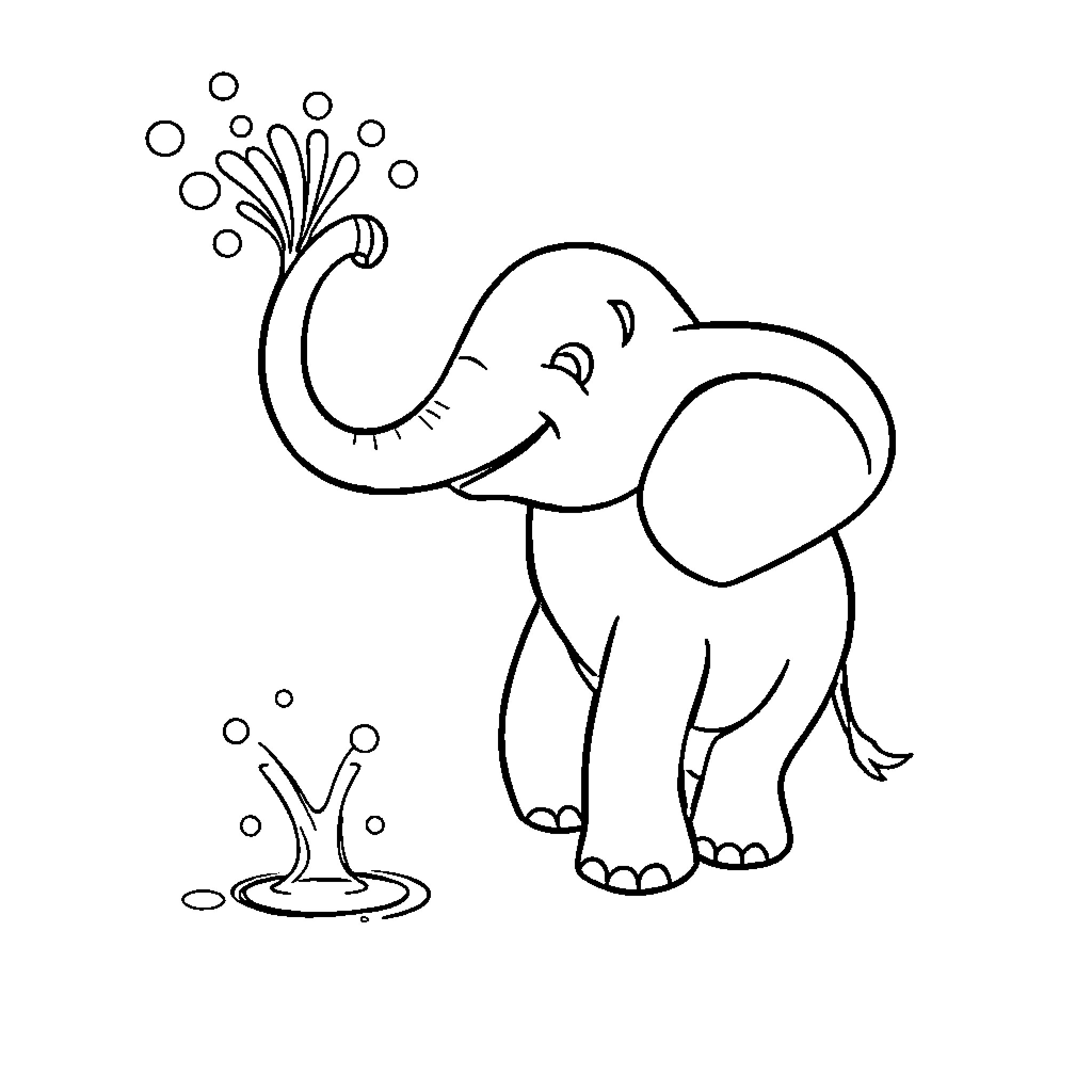 Elephant spraying water playfully Coloring Page (free black-and-white line drawing printable PDF for all, from beginners to advanced learners, including children, teens, adults, and seniors)