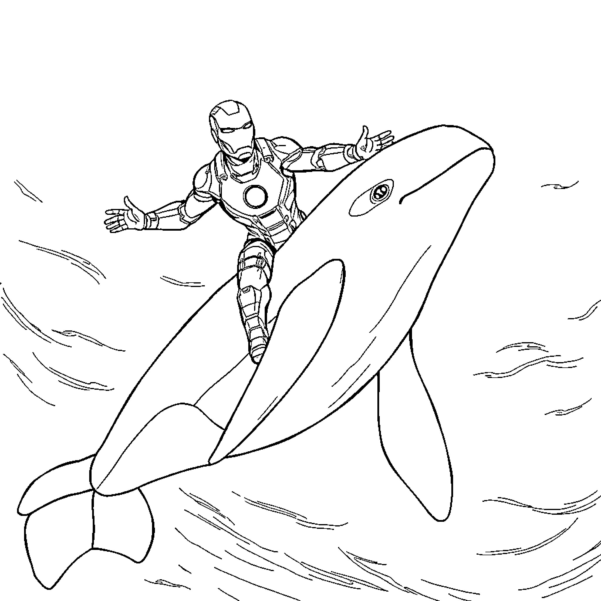 Ironman soars over the ocean on a jetpack Coloring Page (free black-and-white line drawing printable PDF for all, from beginners to advanced learners, including children, teens, adults, and seniors)