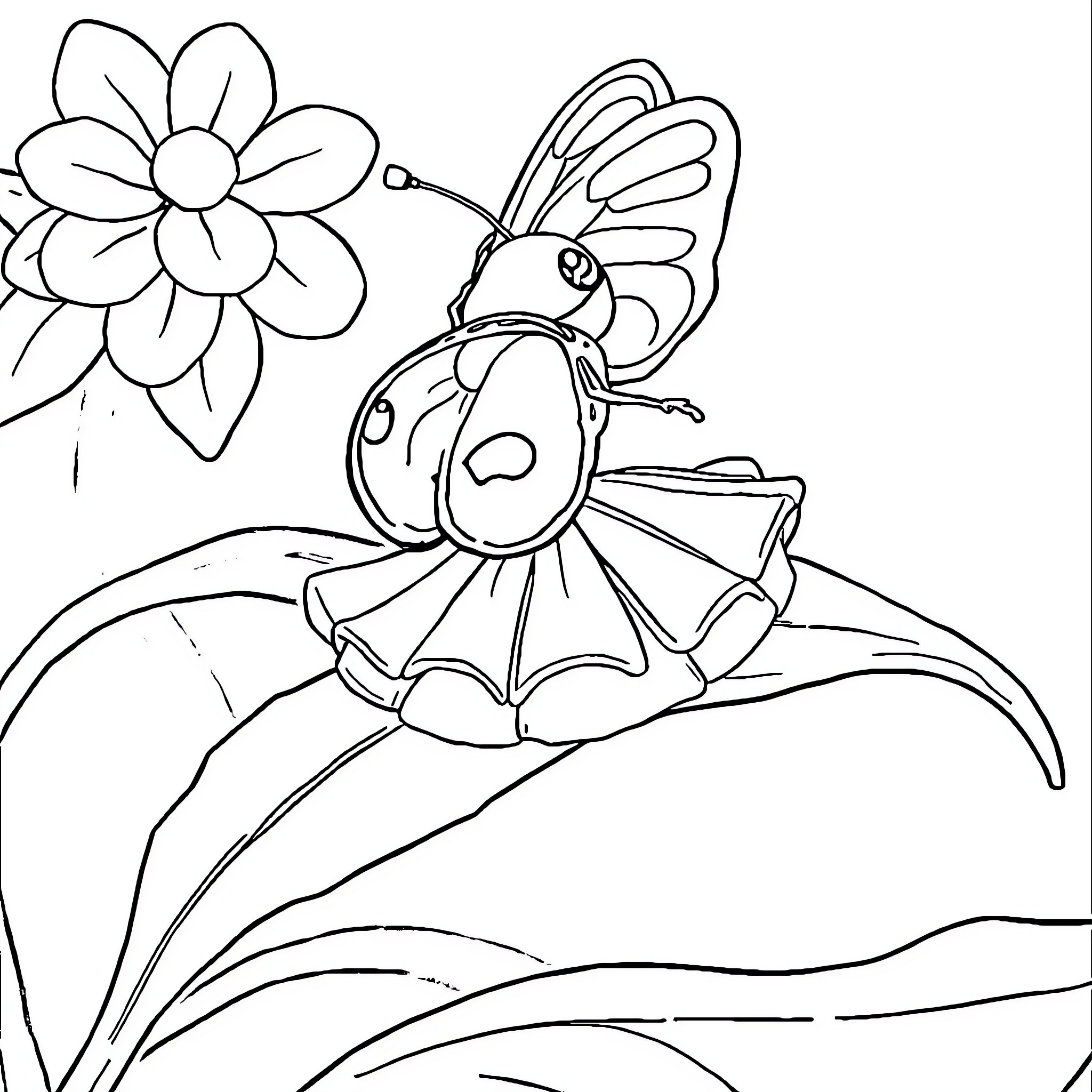 Ladybug exploring a vibrant flower Coloring Page (free black-and-white line drawing printable PDF for all, from beginners to advanced learners, including children, teens, adults, and seniors)