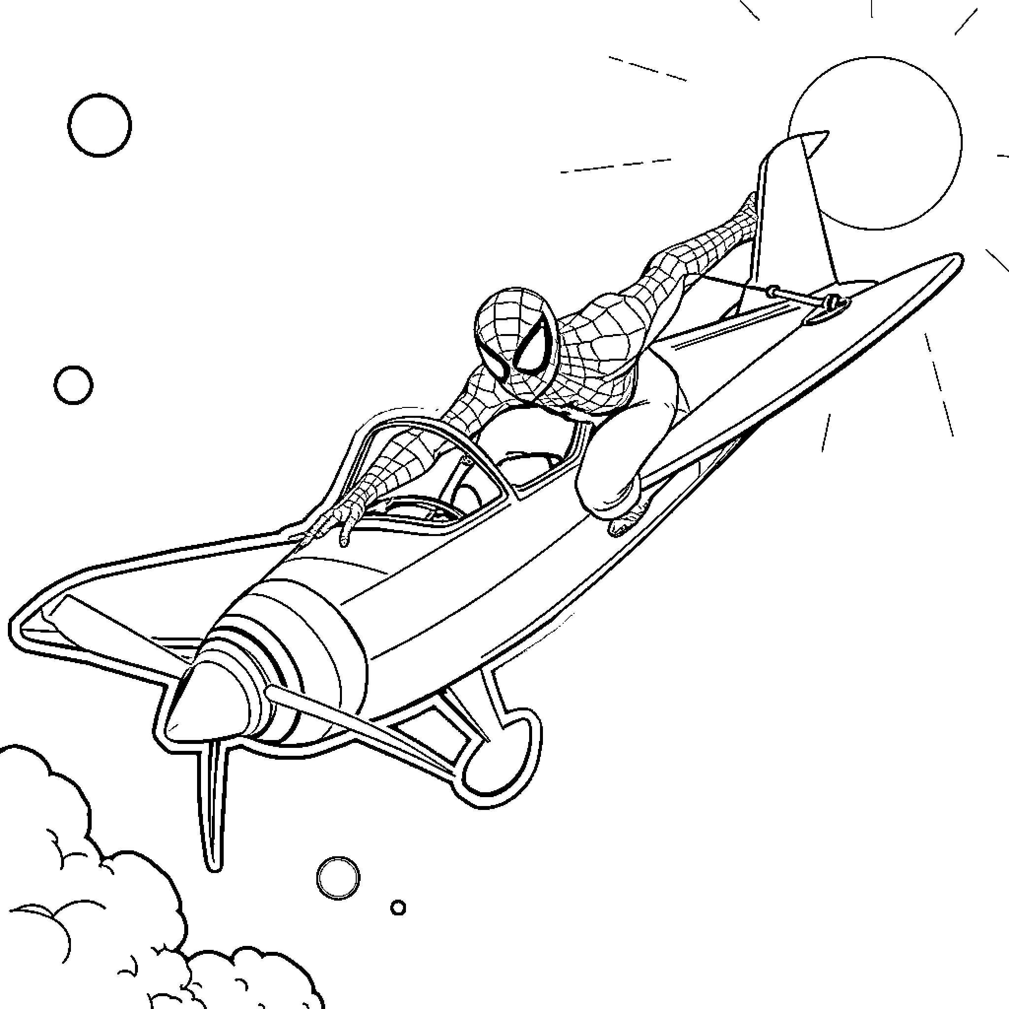 Spiderman flying in a biplane through the sky Coloring Page (free black-and-white line drawing printable PDF for all, from beginners to advanced learners, including children, teens, adults, and seniors)