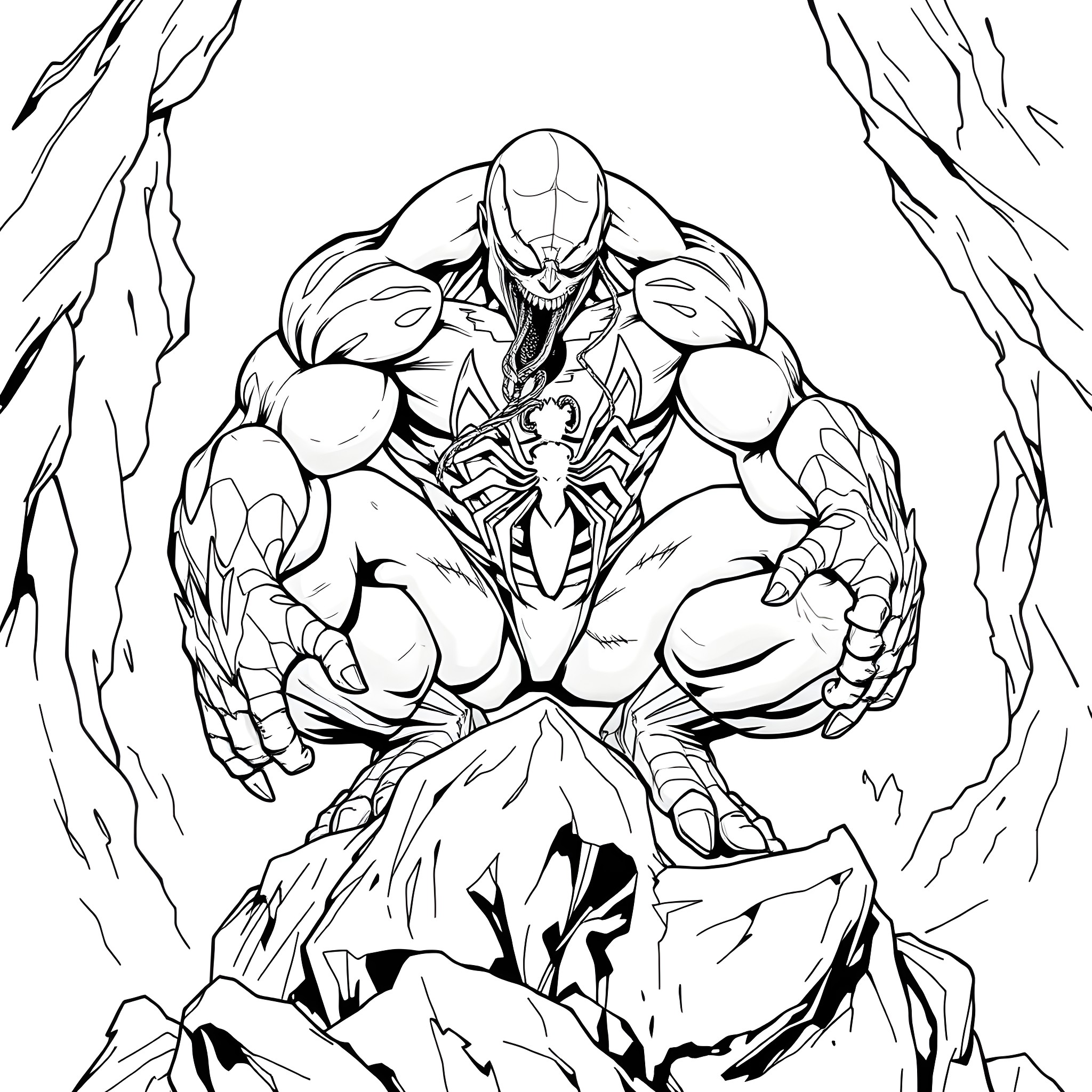 Venom unleashing its powerful claws and fangs Coloring Page (free black-and-white line drawing printable PDF for all, from beginners to advanced learners, including children, teens, adults, and seniors)