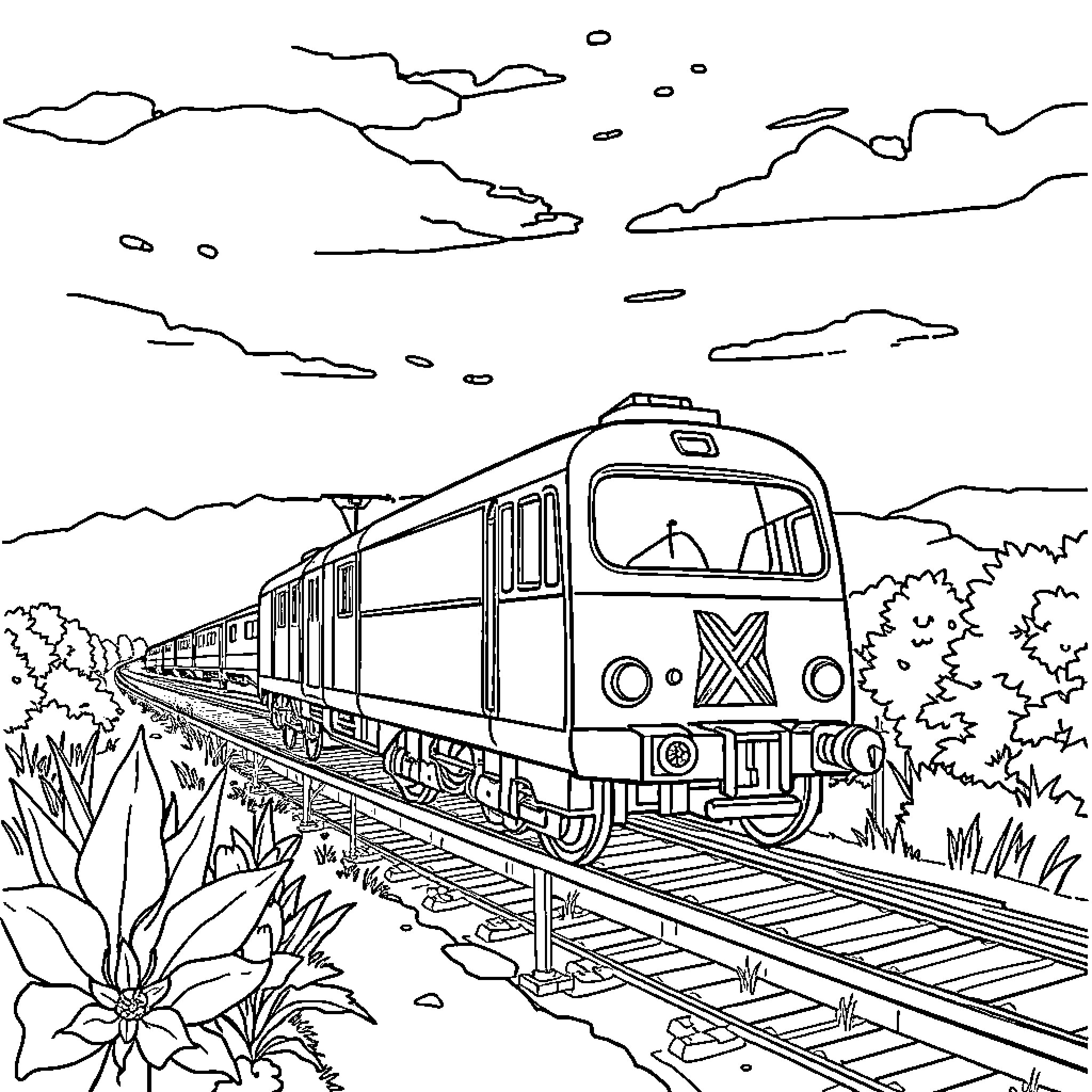 Christmas train journey through the countryside Coloring Page (free black-and-white line drawing printable PDF for all, from beginners to advanced learners, including children, teens, adults, and seniors)