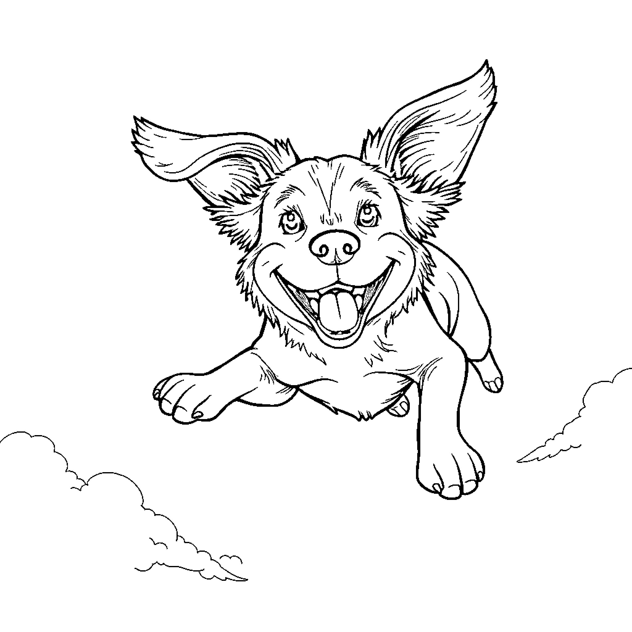 Dog Jumping Happily in the Clouds Coloring Page (free black-and-white line drawing printable PDF for all, from beginners to advanced learners, including children, teens, adults, and seniors)