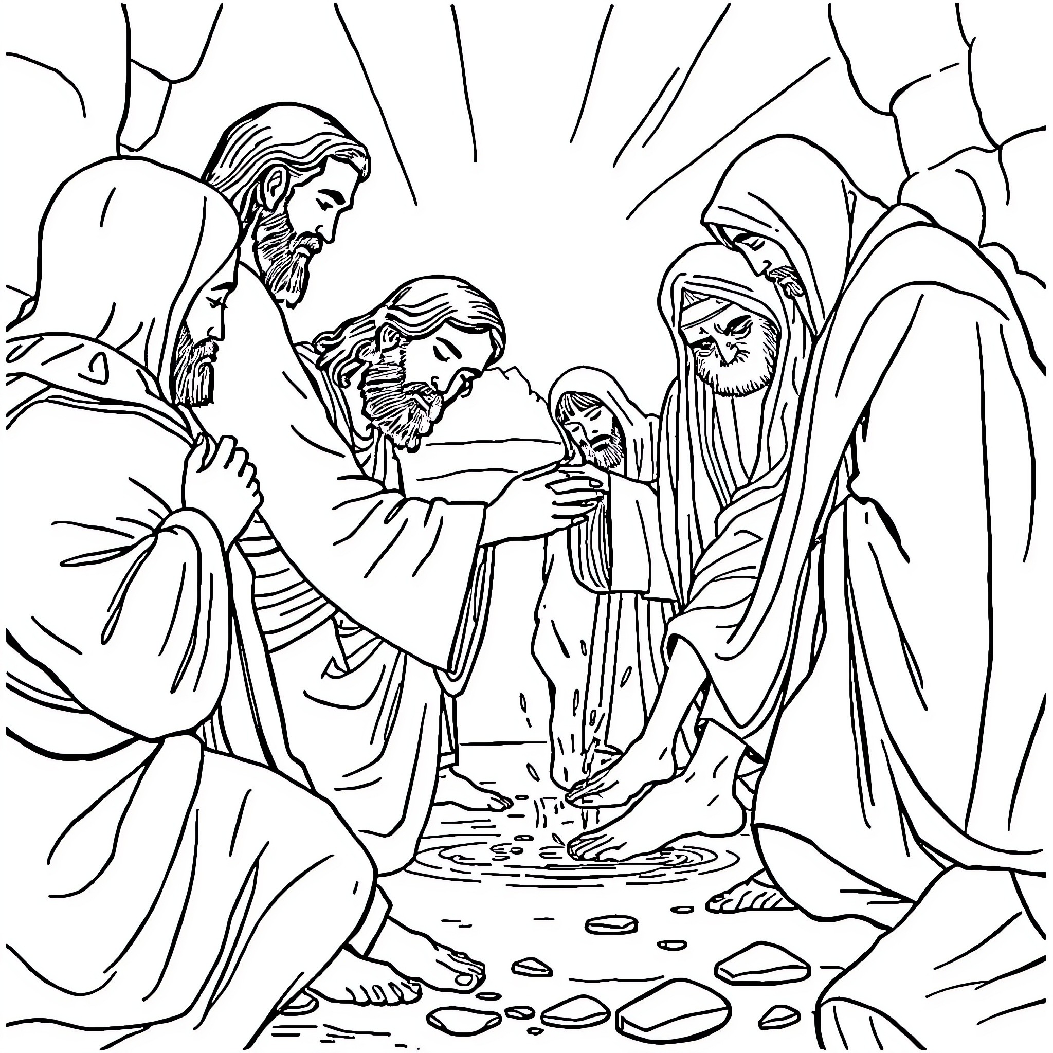 Jesus Healing the Sick and Preaching to the Disciples Coloring Page (free black-and-white line drawing printable PDF for all, from beginners to advanced learners, including children, teens, adults, and seniors)