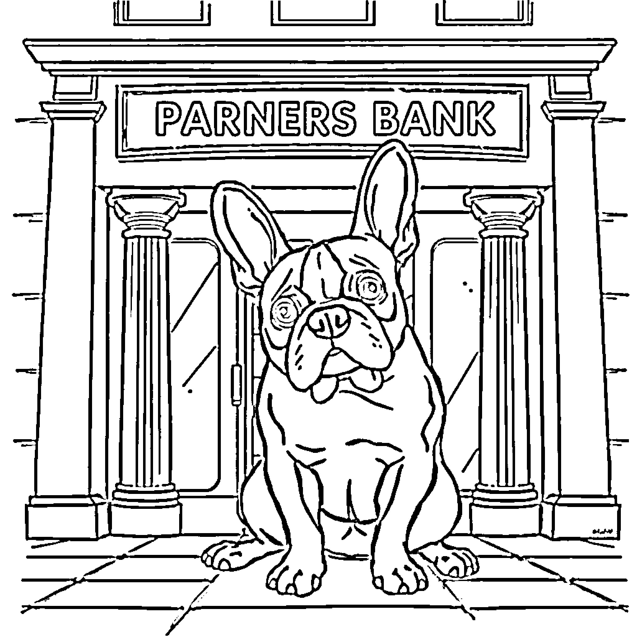 French Bulldog guarding the bank entrance Coloring Page (free black-and-white line drawing printable PDF for all, from beginners to advanced learners, including children, teens, adults, and seniors)