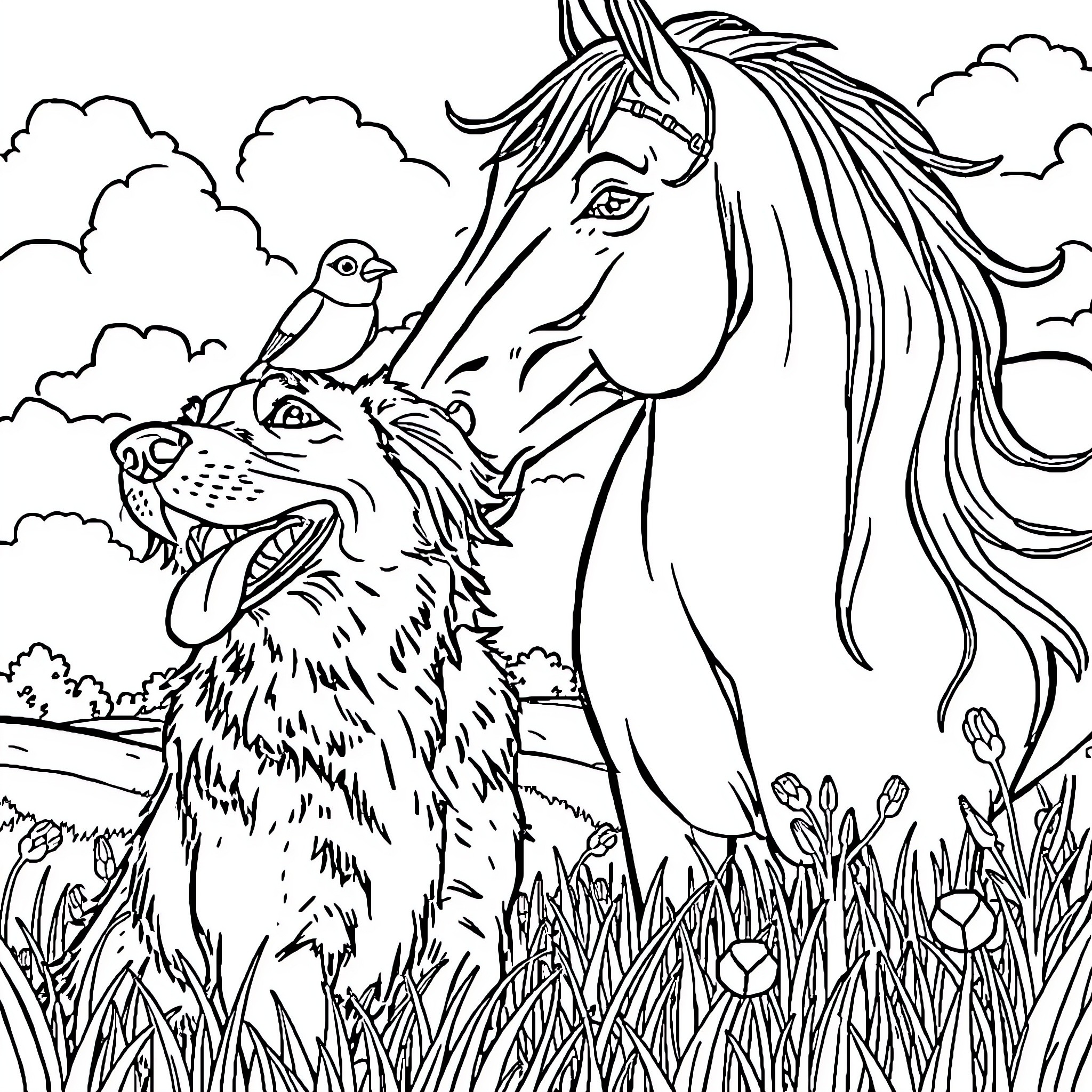 Dog and Horse Enjoying Nature Together Coloring Page (free black-and-white line drawing printable PDF for all, from beginners to advanced learners, including children, teens, adults, and seniors)