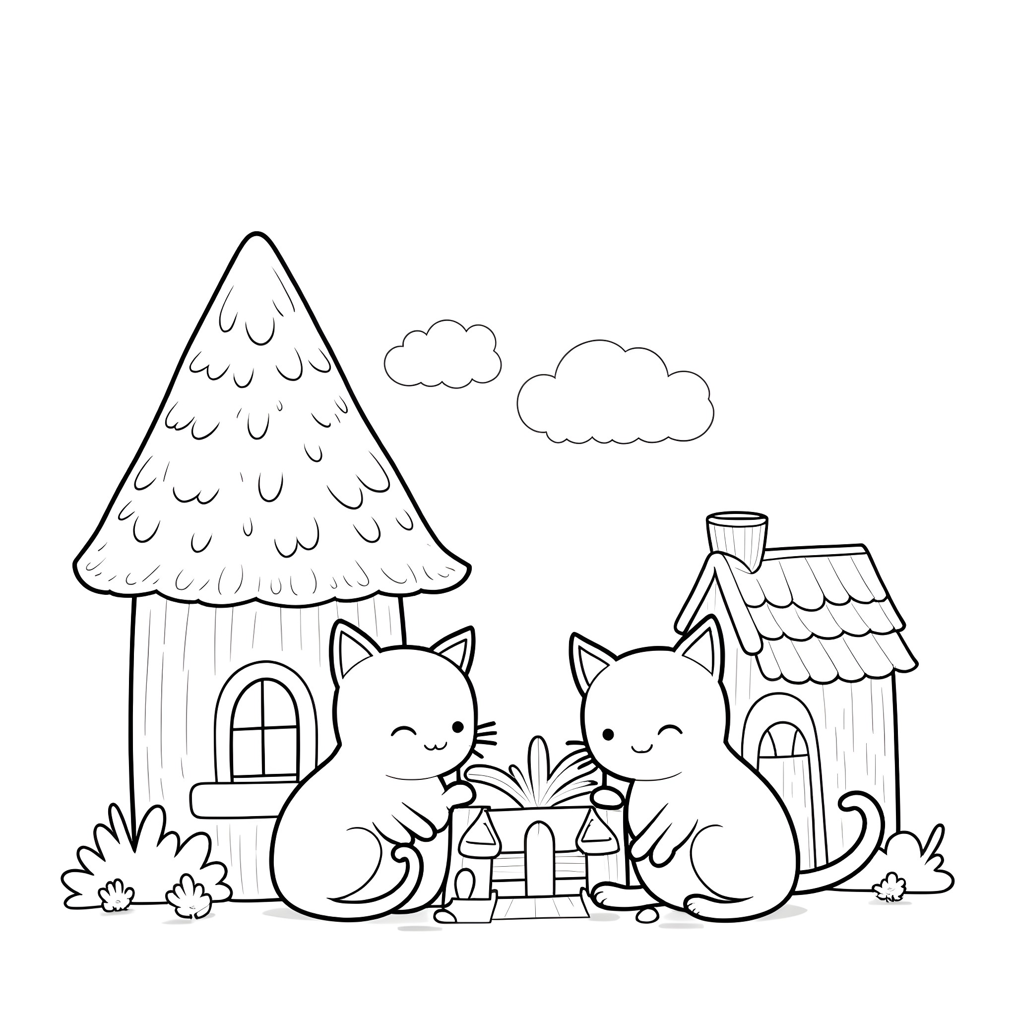 Cats relaxing in a cozy cottage Coloring Page (free black-and-white line drawing printable PDF for all, from beginners to advanced learners, including children, teens, adults, and seniors)