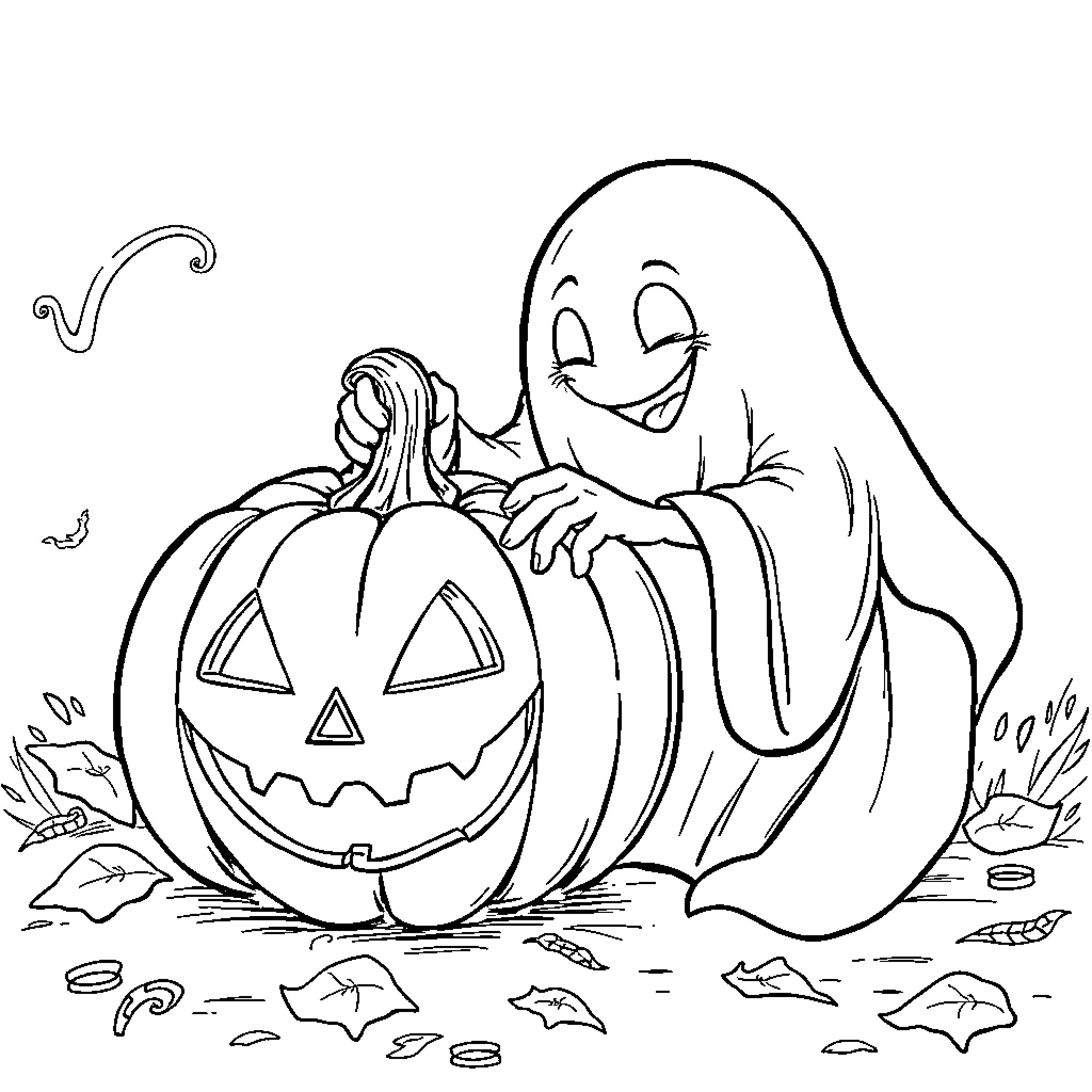 Ghost playing with carved pumpkin on Halloween Coloring Page (free black-and-white line drawing printable PDF for all, from beginners to advanced learners, including children, teens, adults, and seniors)