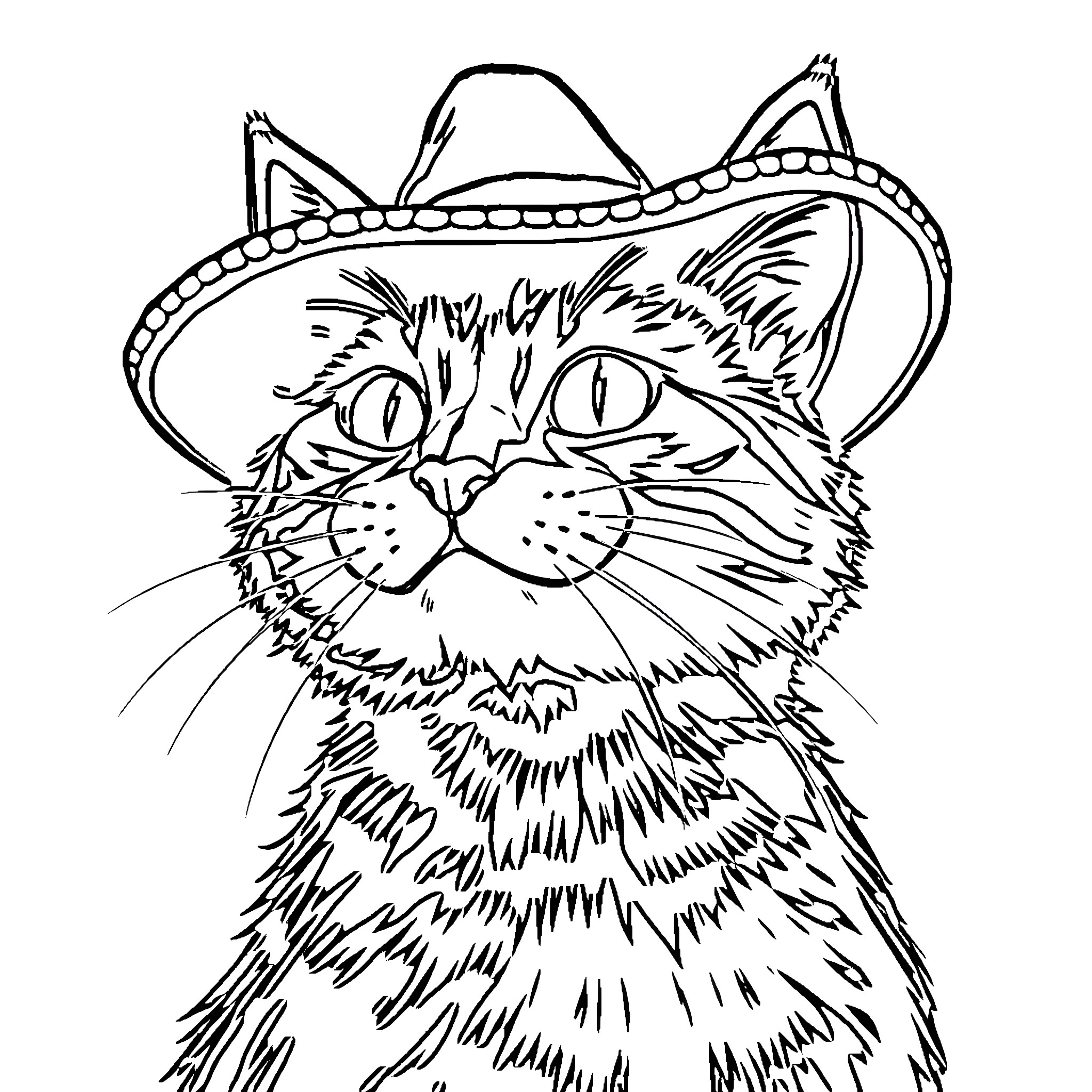 Cat wearing a whimsical hat Coloring Page (free black-and-white line drawing printable PDF for all, from beginners to advanced learners, including children, teens, adults, and seniors)