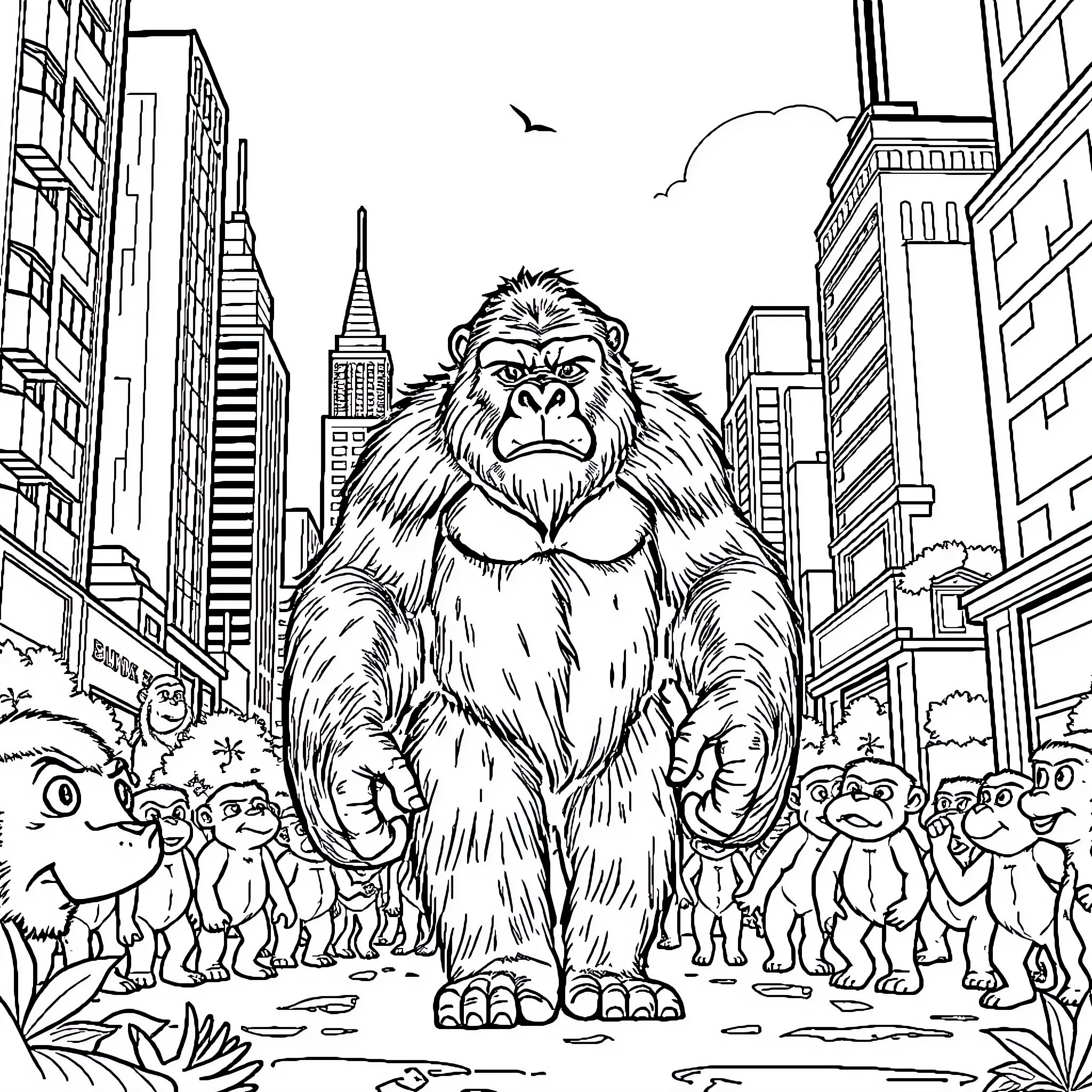 Ape Exploring the Bustling City Skyline Coloring Page (free black-and-white line drawing printable PDF for all, from beginners to advanced learners, including children, teens, adults, and seniors)