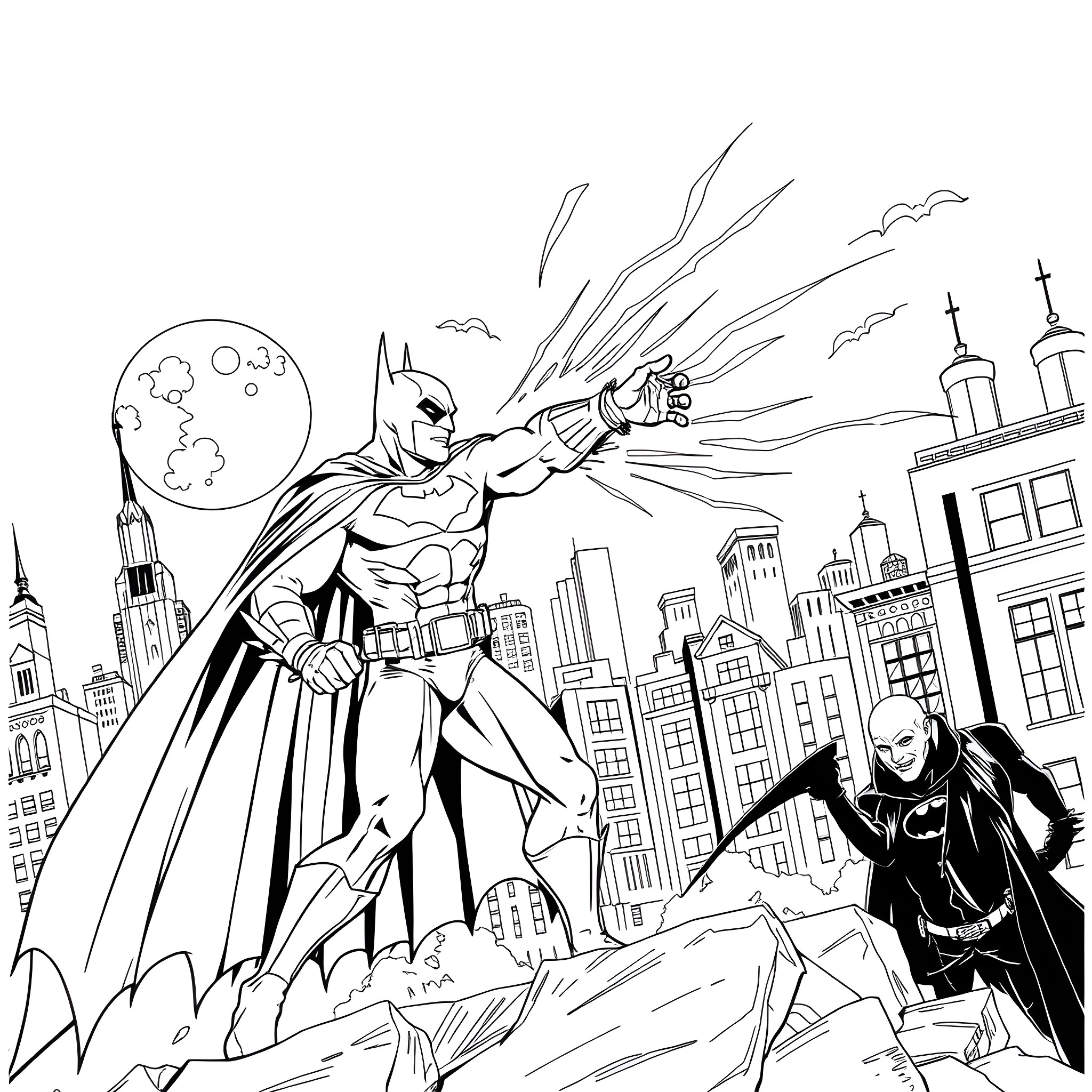 Batman fights against villains in a city at night Coloring Page (free black-and-white line drawing printable PDF for all, from beginners to advanced learners, including children, teens, adults, and seniors)