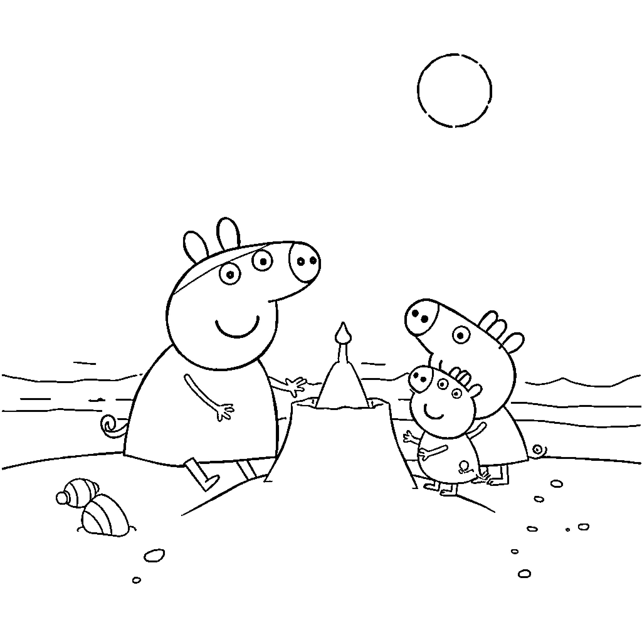 Peppa Pig and friends enjoy a day out Coloring Page (free black-and-white line drawing printable PDF for all, from beginners to advanced learners, including children, teens, adults, and seniors)