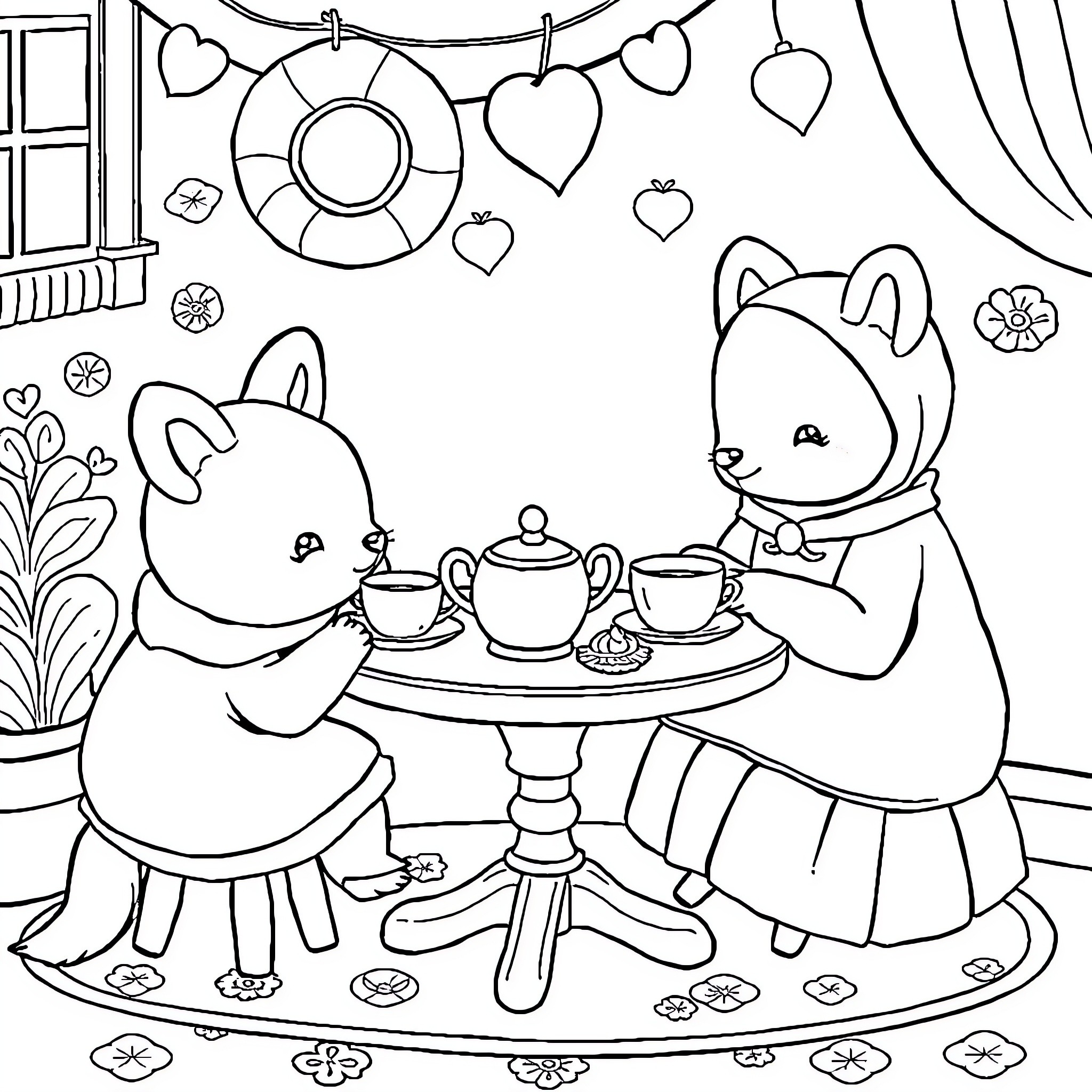 Animal friends having a tea party in cozy room Coloring Page (free black-and-white line drawing printable PDF for all, from beginners to advanced learners, including children, teens, adults, and seniors)
