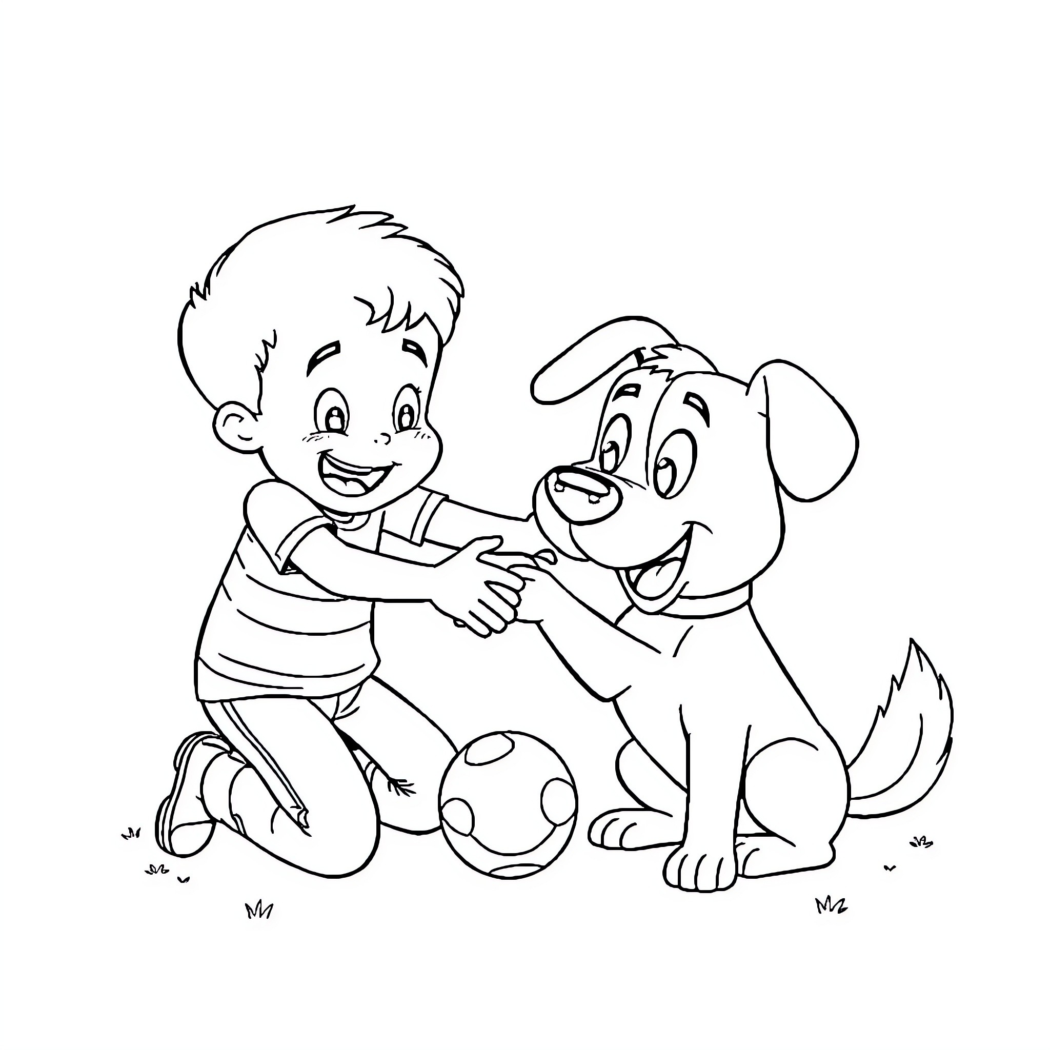 Marcus plays happily with his loyal canine companion Coloring Page (free black-and-white line drawing printable PDF for all, from beginners to advanced learners, including children, teens, adults, and seniors)