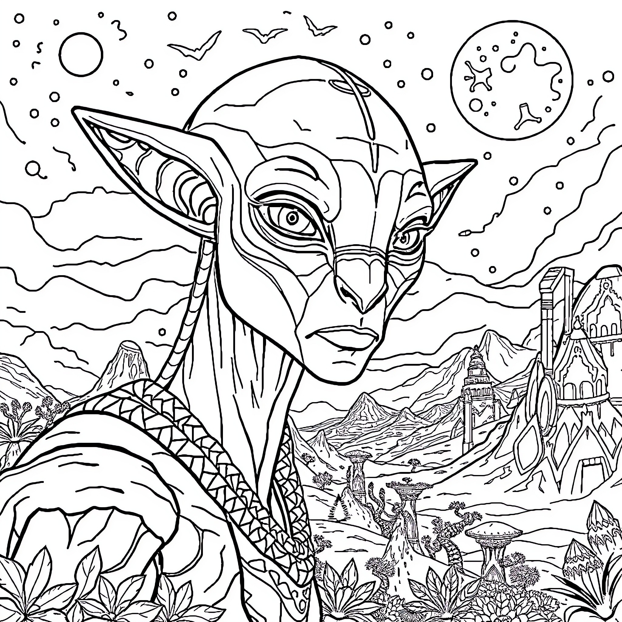 Avatar in a fantastic alien world Coloring Page (free black-and-white line drawing printable PDF for all, from beginners to advanced learners, including children, teens, adults, and seniors)