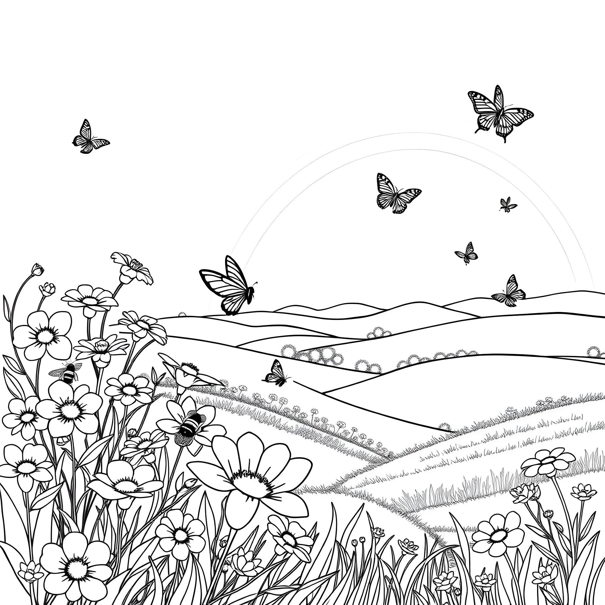 Flower garden with butterflies in the landscape Coloring Page (free black-and-white line drawing printable PDF for all, from beginners to advanced learners, including children, teens, adults, and seniors)