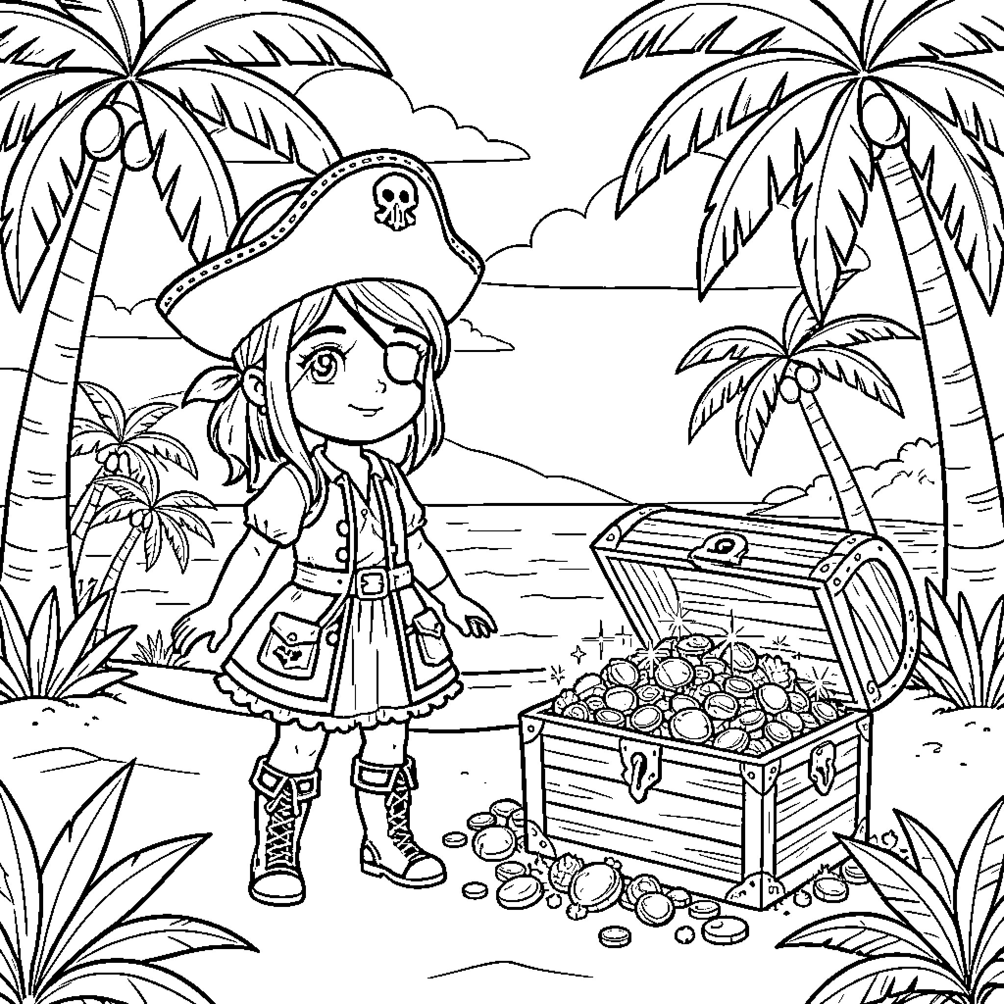 Pirate Girl Exploring Tropical Island with Treasure Chest Coloring Page (free black-and-white line drawing printable PDF for all, from beginners to advanced learners, including children, teens, adults, and seniors)