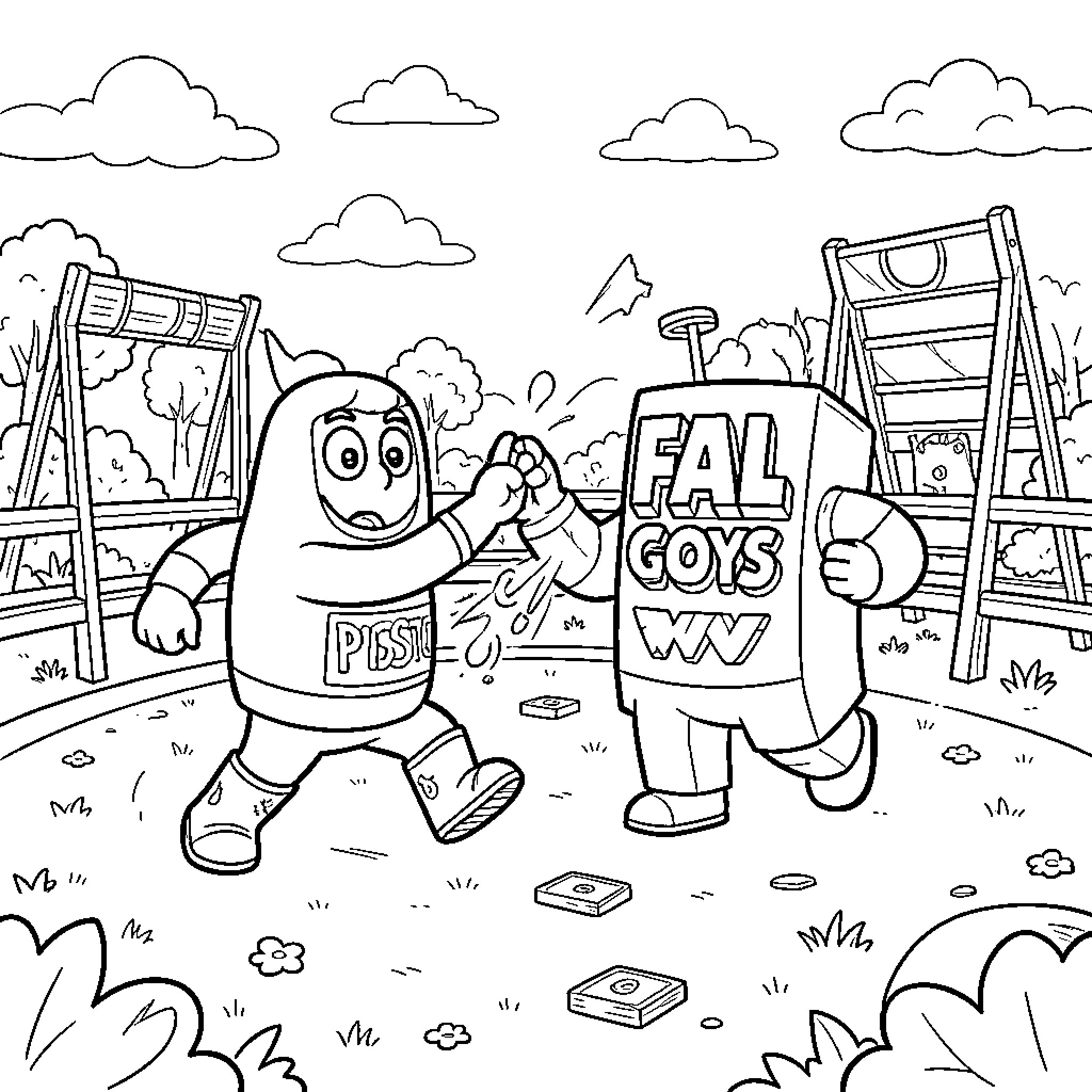 Pistolet and friend high fiving in a playground Coloring Page (free black-and-white line drawing printable PDF for all, from beginners to advanced learners, including children, teens, adults, and seniors)