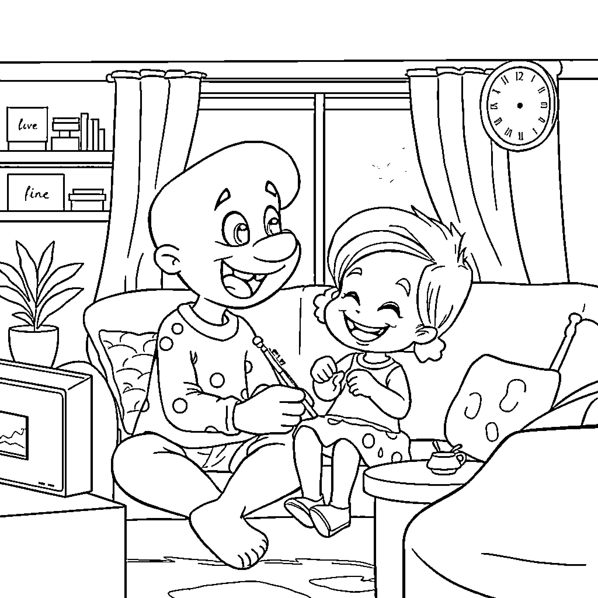 Bluey and friend playing indoors at home Coloring Page (free black-and-white line drawing printable PDF for all, from beginners to advanced learners, including children, teens, adults, and seniors)