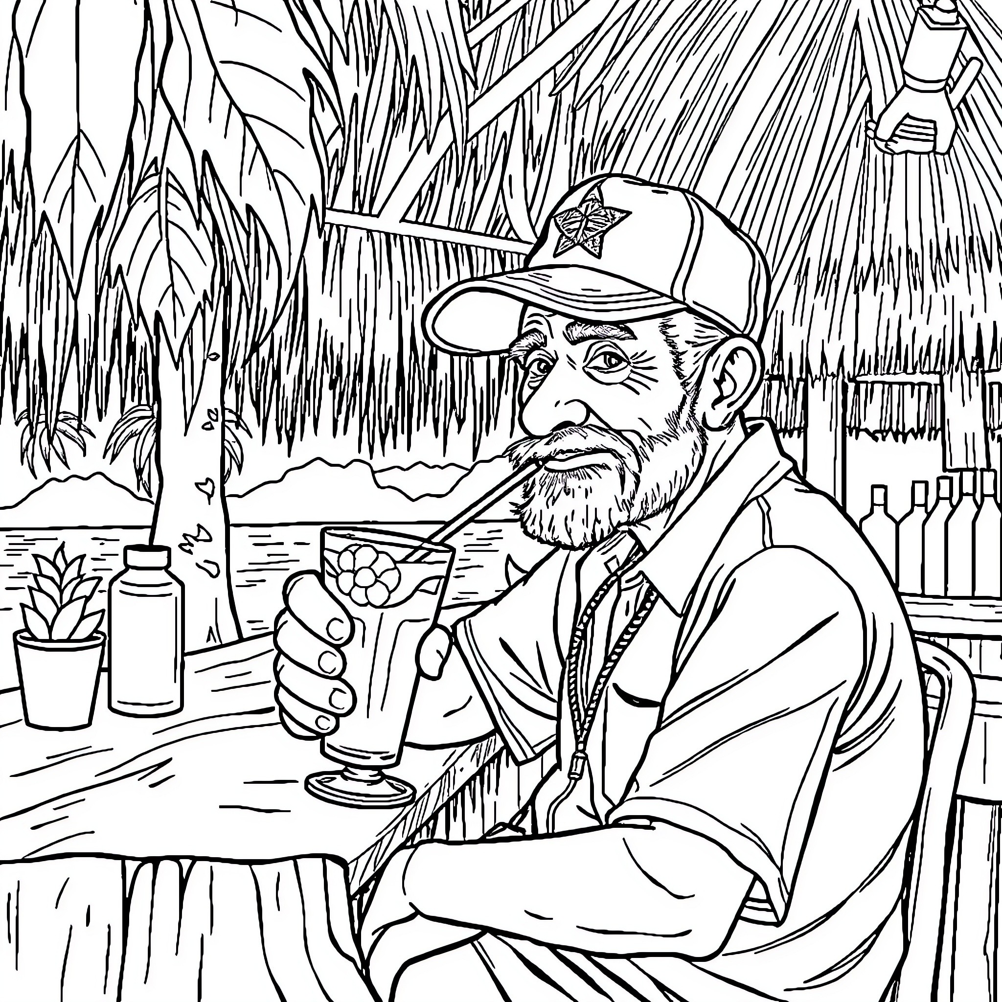 Man enjoying a drink at a tropical bar Coloring Page (free black-and-white line drawing printable PDF for all, from beginners to advanced learners, including children, teens, adults, and seniors)