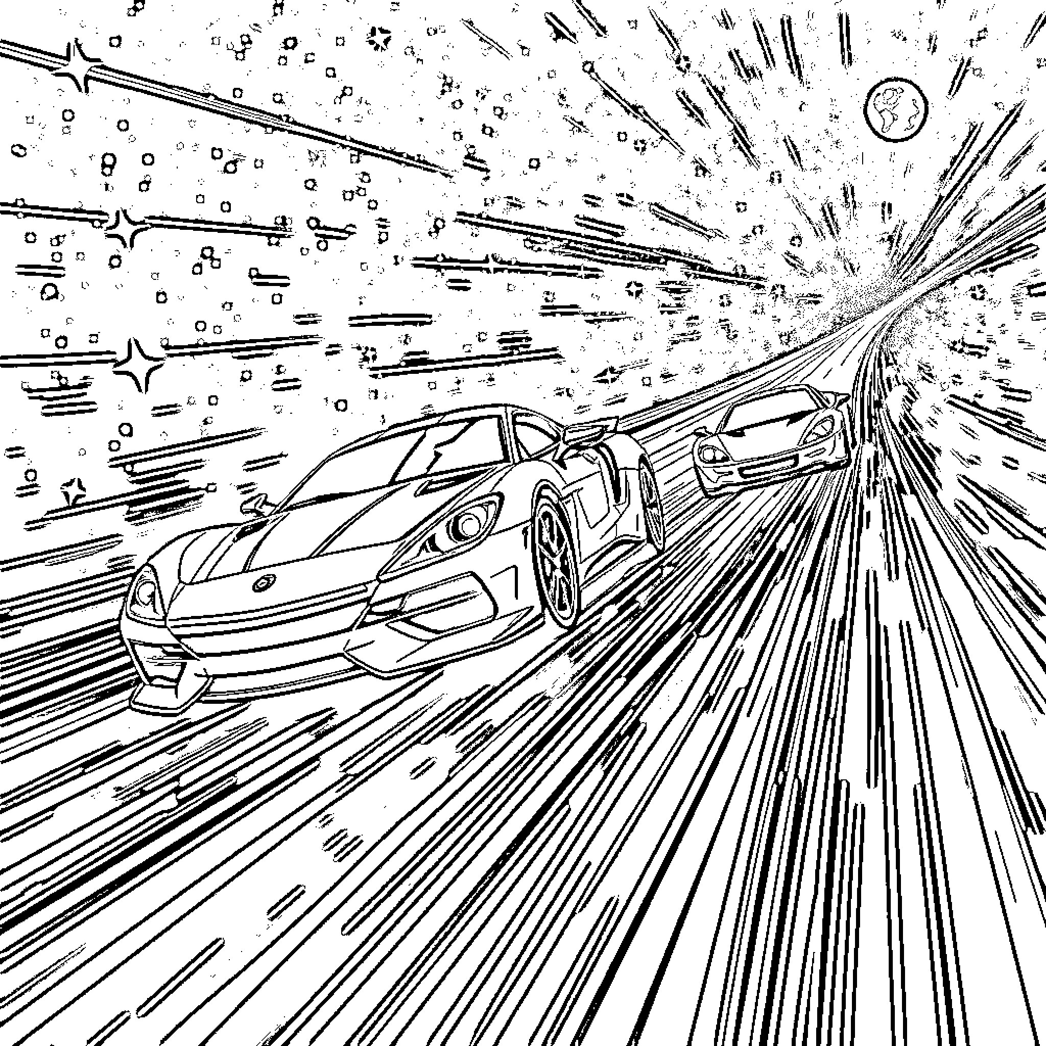 Car speeding through a cosmic scene Coloring Page (free black-and-white line drawing printable PDF for all, from beginners to advanced learners, including children, teens, adults, and seniors)