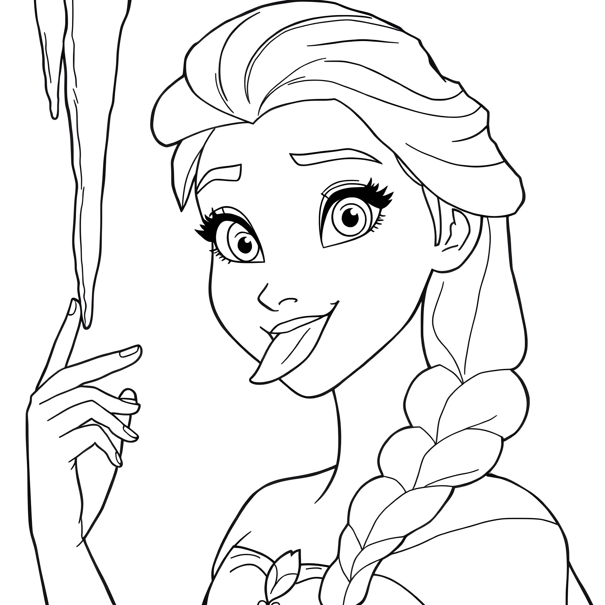 Elsa's Radiant Expression and Icy Attire Coloring Page (free black-and-white line drawing printable PDF for all, from beginners to advanced learners, including children, teens, adults, and seniors)