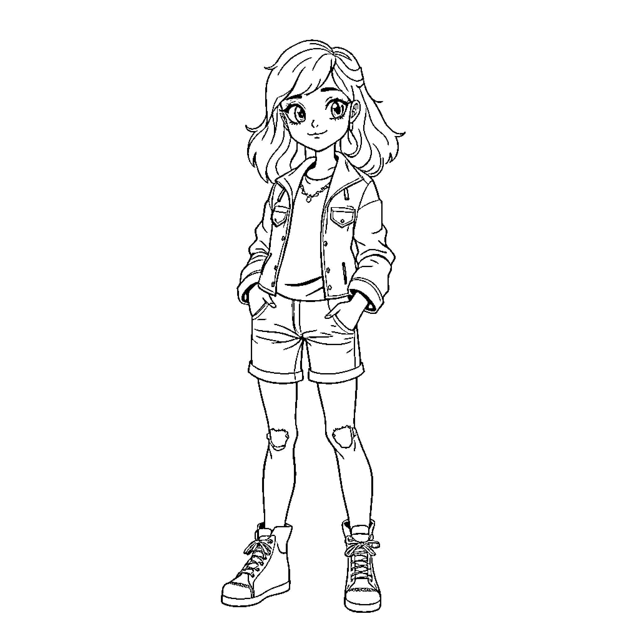 Teen Girl in Casual Outfit with Confident Expression Coloring Page (free black-and-white line drawing printable PDF for all, from beginners to advanced learners, including children, teens, adults, and seniors)