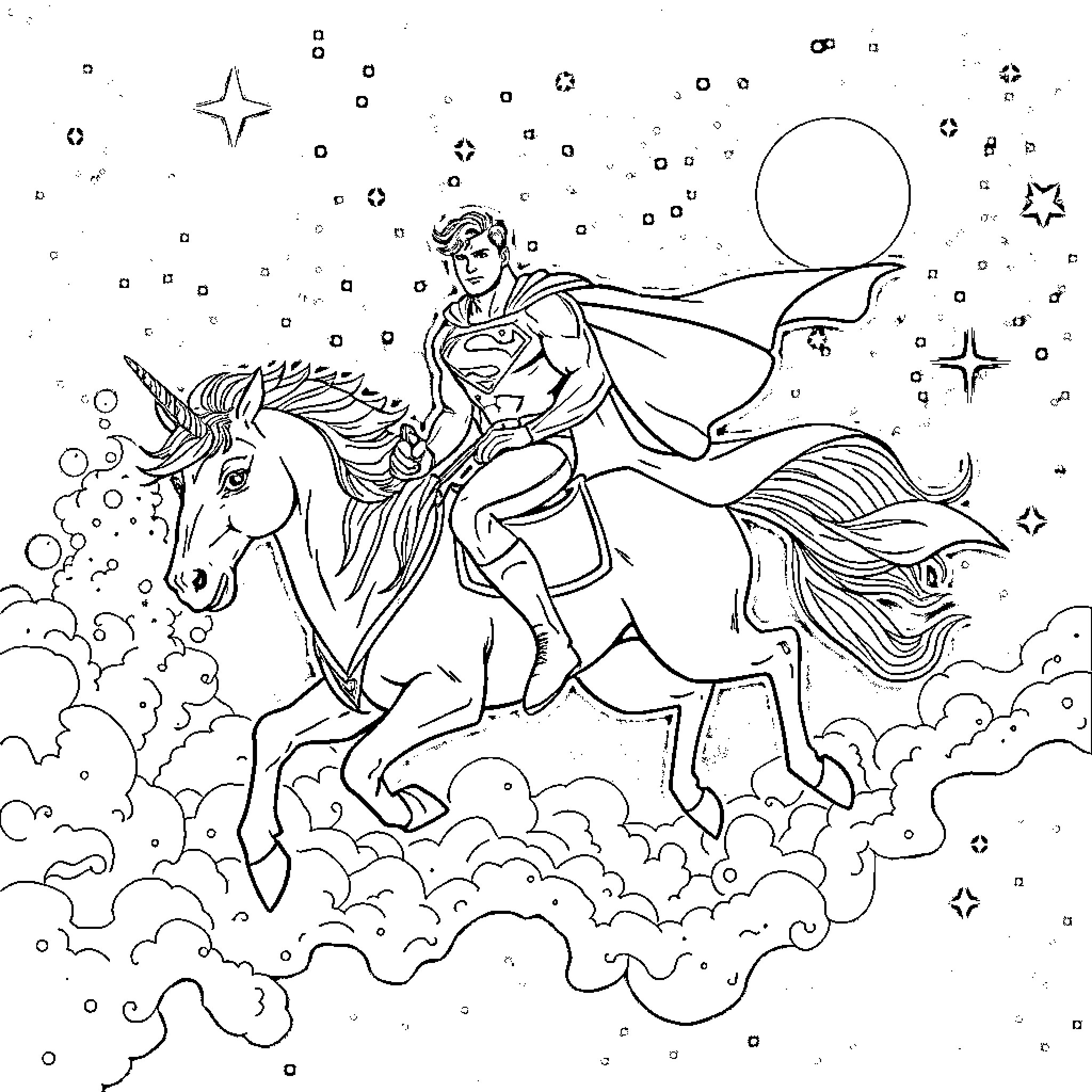 Superman riding a majestic unicorn through the starry night sky Coloring Page (free black-and-white line drawing printable PDF for all, from beginners to advanced learners, including children, teens, adults, and seniors)