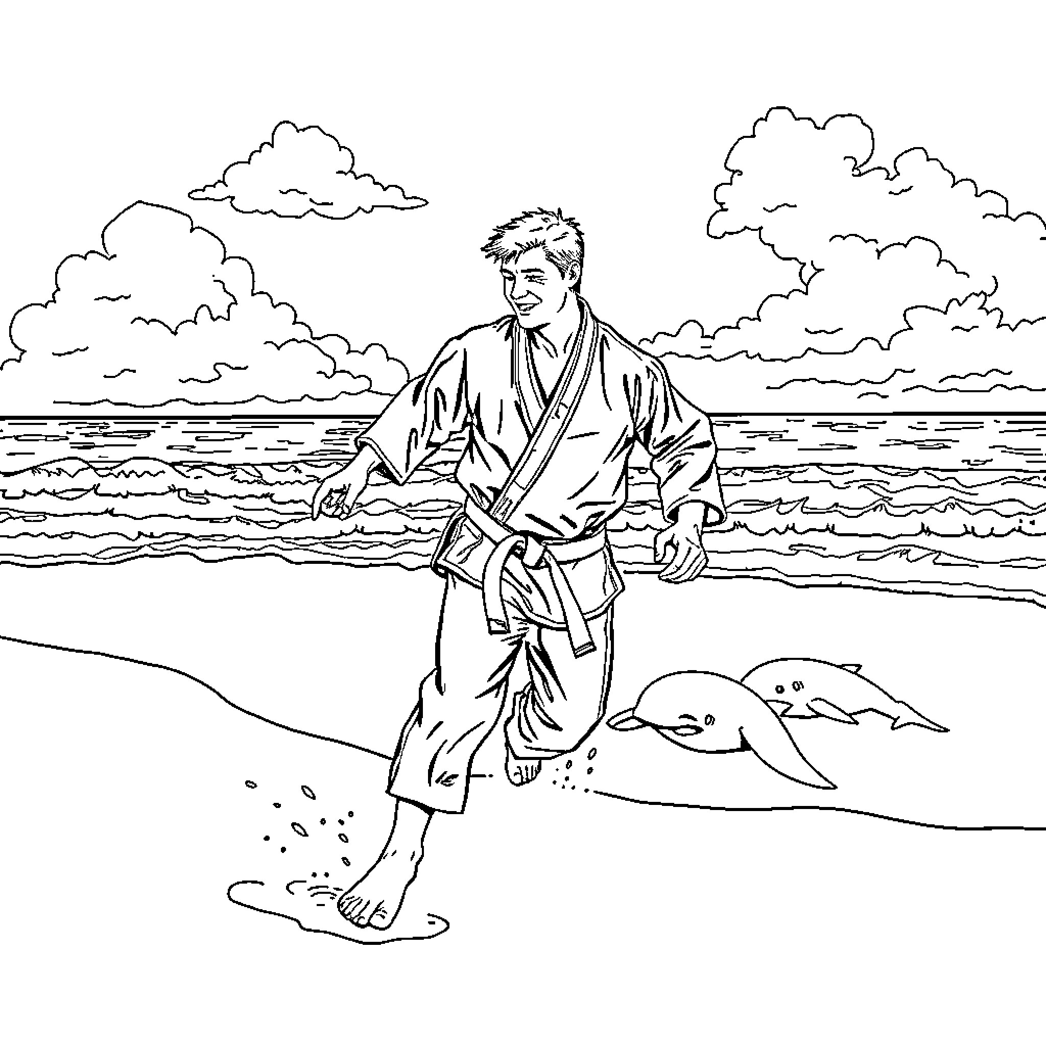 Judoka training on the beach with sea lions Coloring Page (free black-and-white line drawing printable PDF for all, from beginners to advanced learners, including children, teens, adults, and seniors)