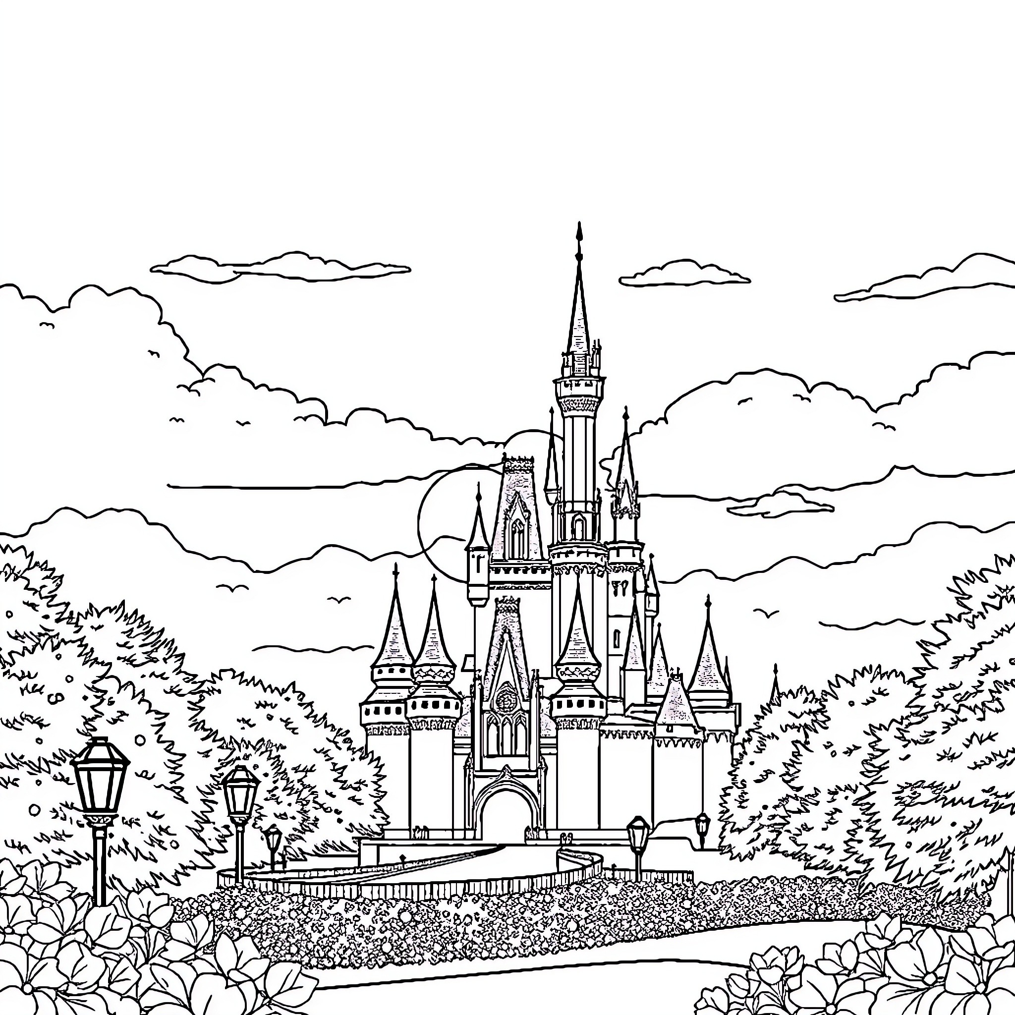 Sunset at the Enchanted Castle Coloring Page (free black-and-white line drawing printable PDF for all, from beginners to advanced learners, including children, teens, adults, and seniors)