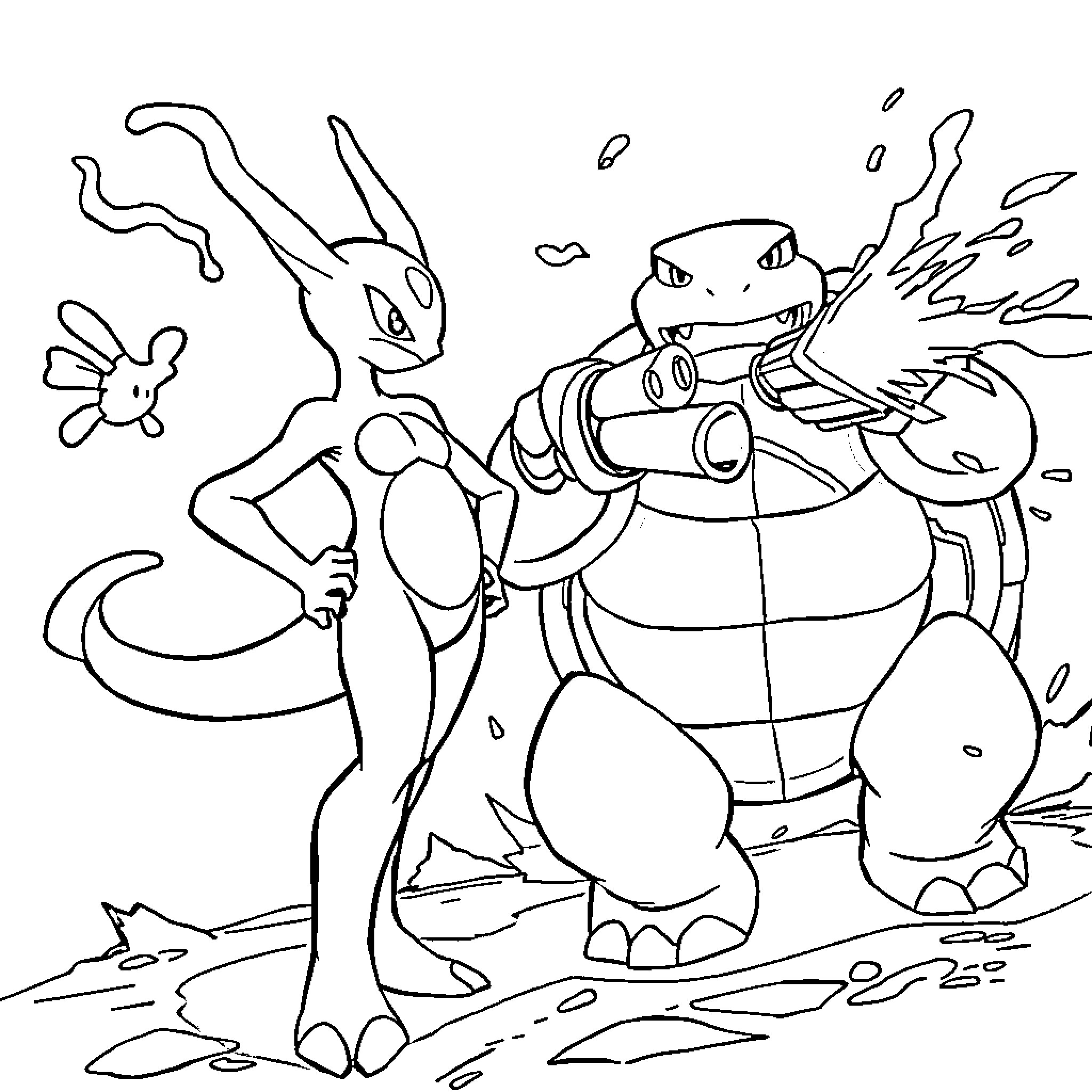 Mewtwo battling with powerful Pokemon companions Coloring Page (free black-and-white line drawing printable PDF for all, from beginners to advanced learners, including children, teens, adults, and seniors)