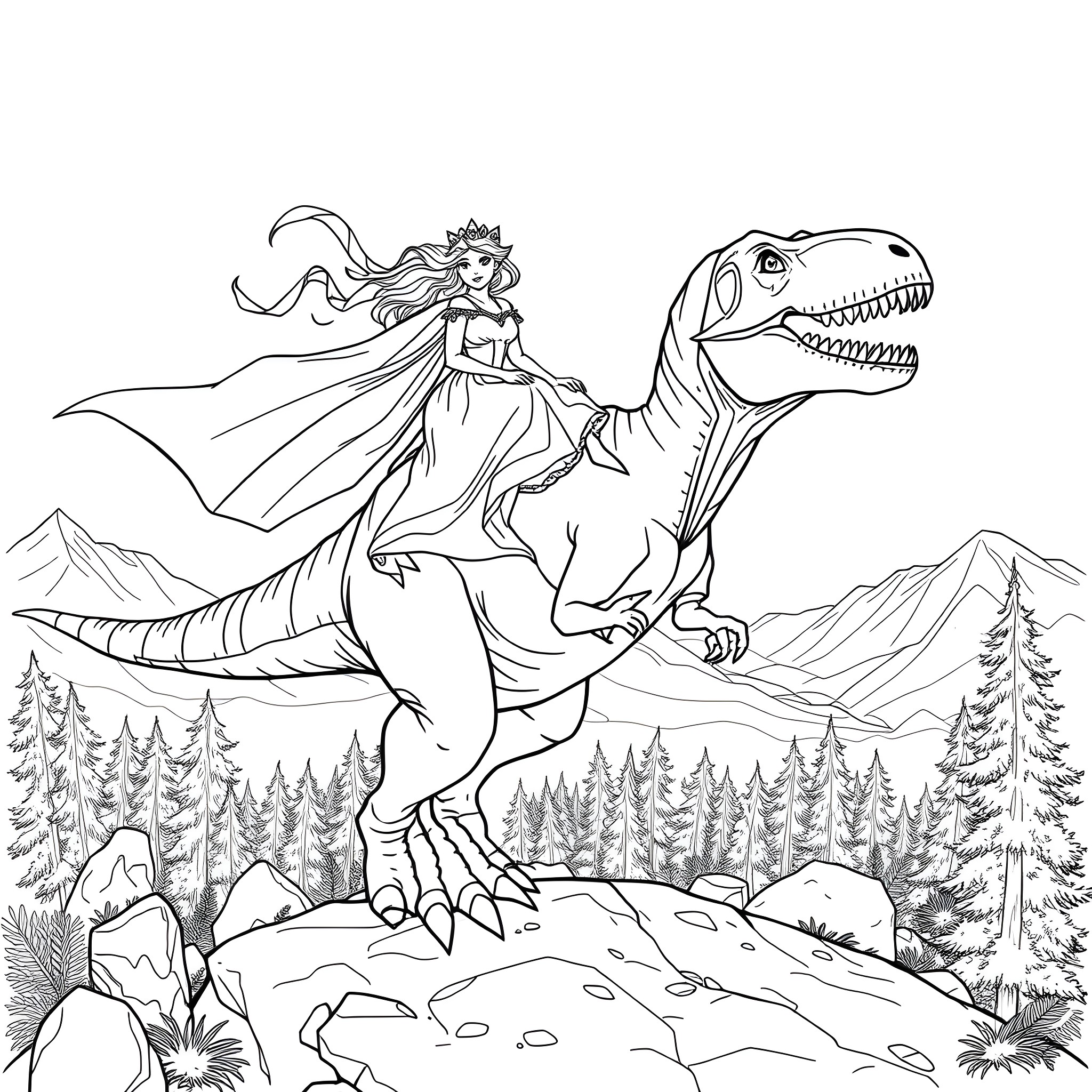 Princess riding majestic dinosaur through enchanted forest Coloring Page (free black-and-white line drawing printable PDF for all, from beginners to advanced learners, including children, teens, adults, and seniors)