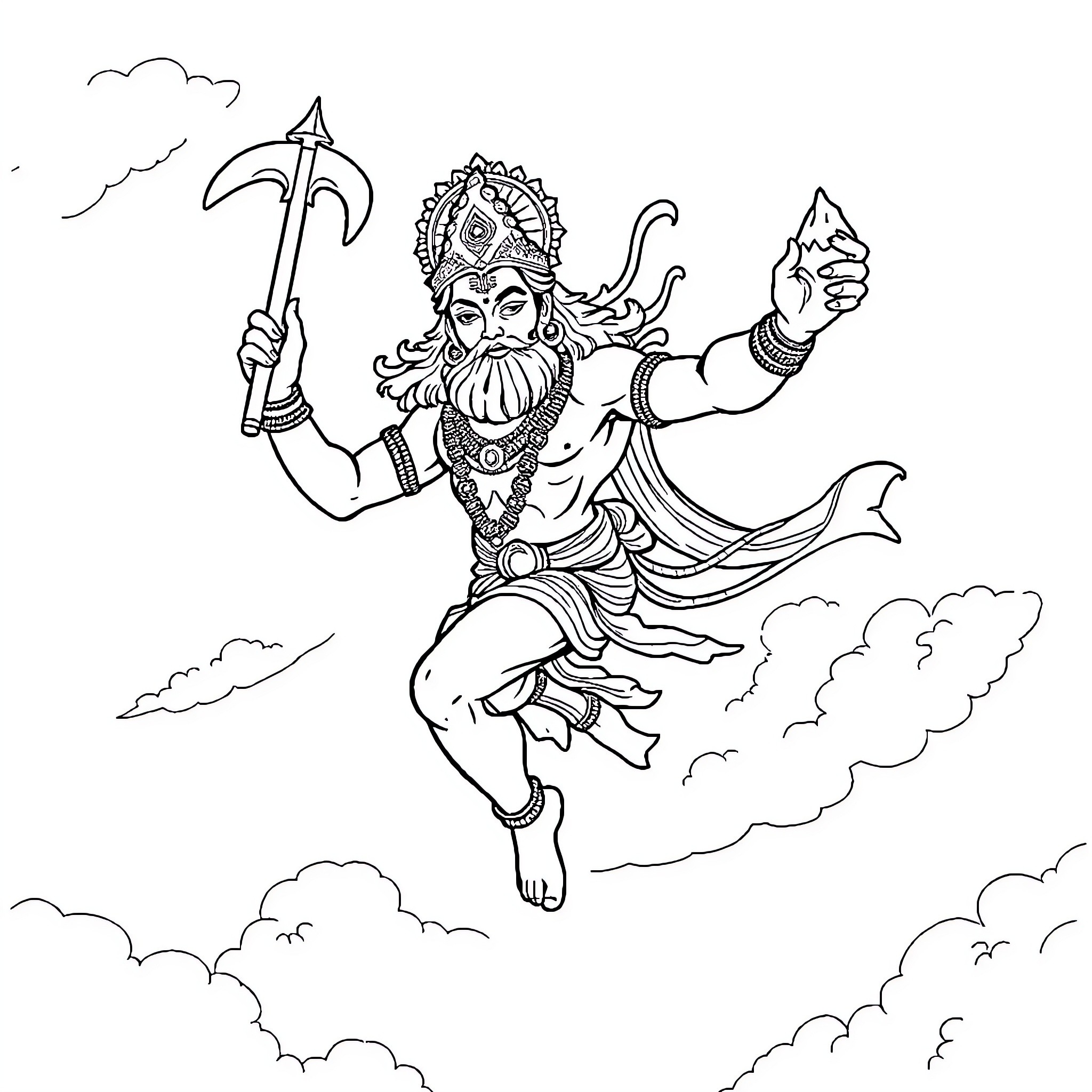 Hanuman, the Mighty Monkey God, in Majestic Pose Coloring Page (free black-and-white line drawing printable PDF for all, from beginners to advanced learners, including children, teens, adults, and seniors)