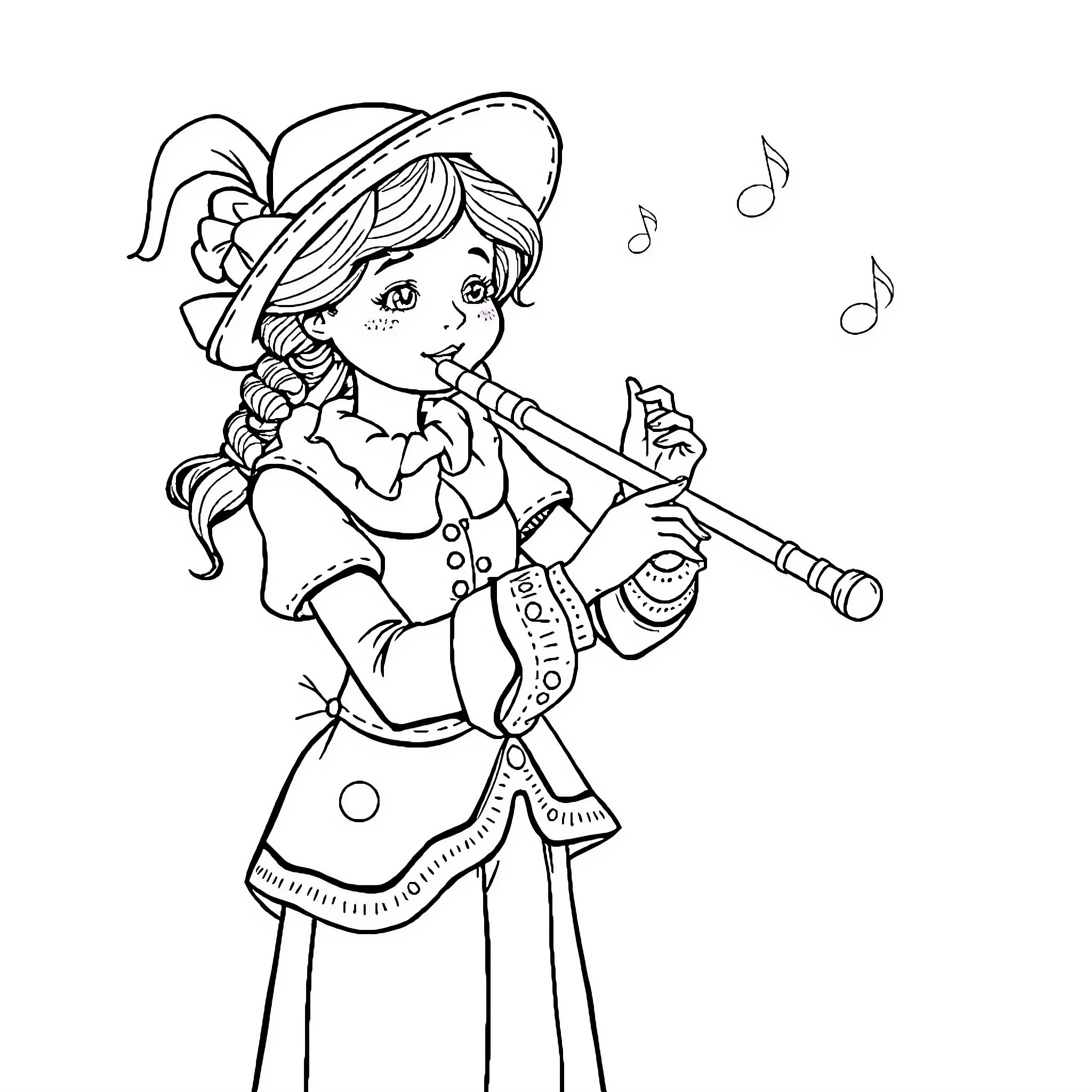 Piper playing a musical instrument with joy Coloring Page (free black-and-white line drawing printable PDF for all, from beginners to advanced learners, including children, teens, adults, and seniors)