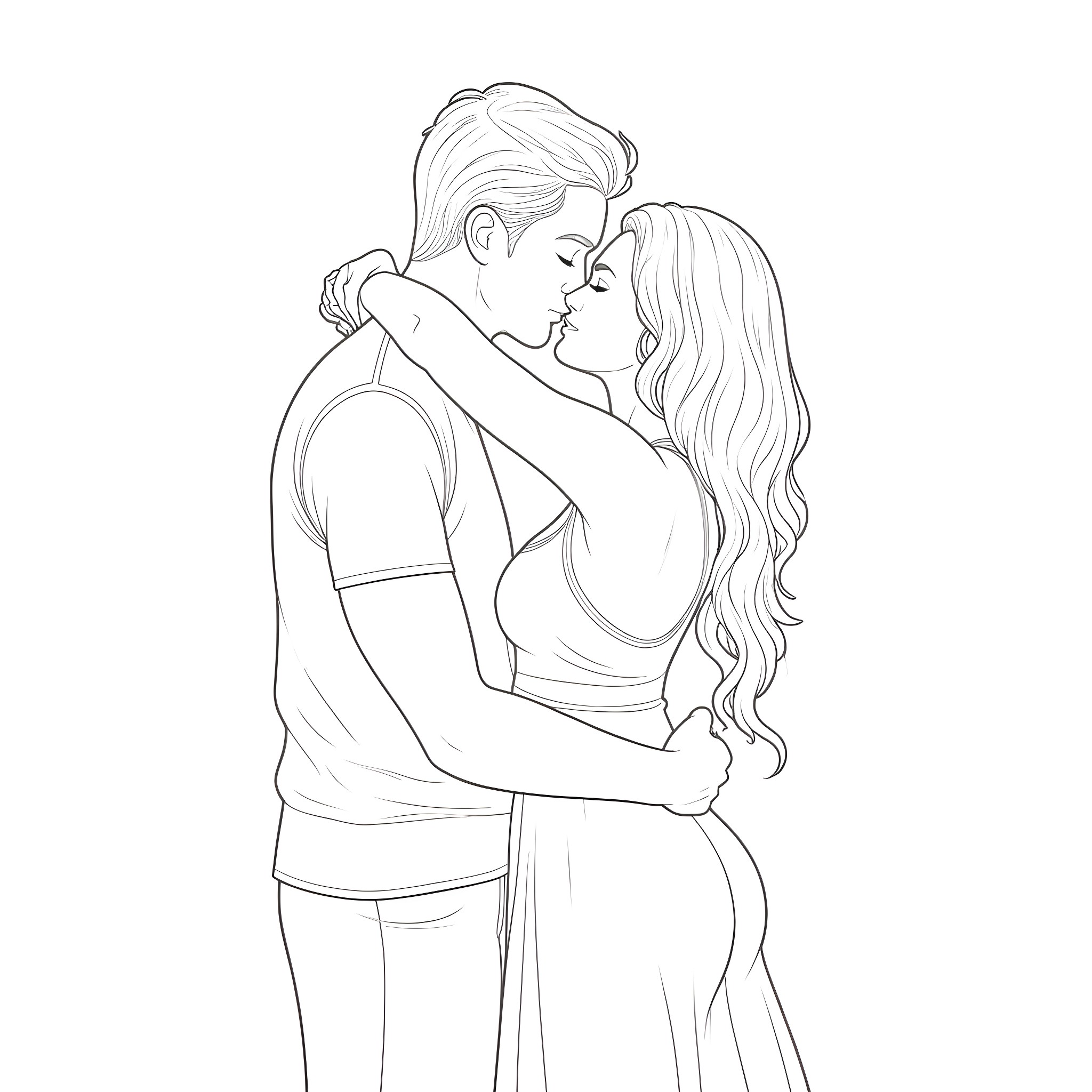 Couple embracing with tenderness Coloring Page (free black-and-white line drawing printable PDF for all, from beginners to advanced learners, including children, teens, adults, and seniors)