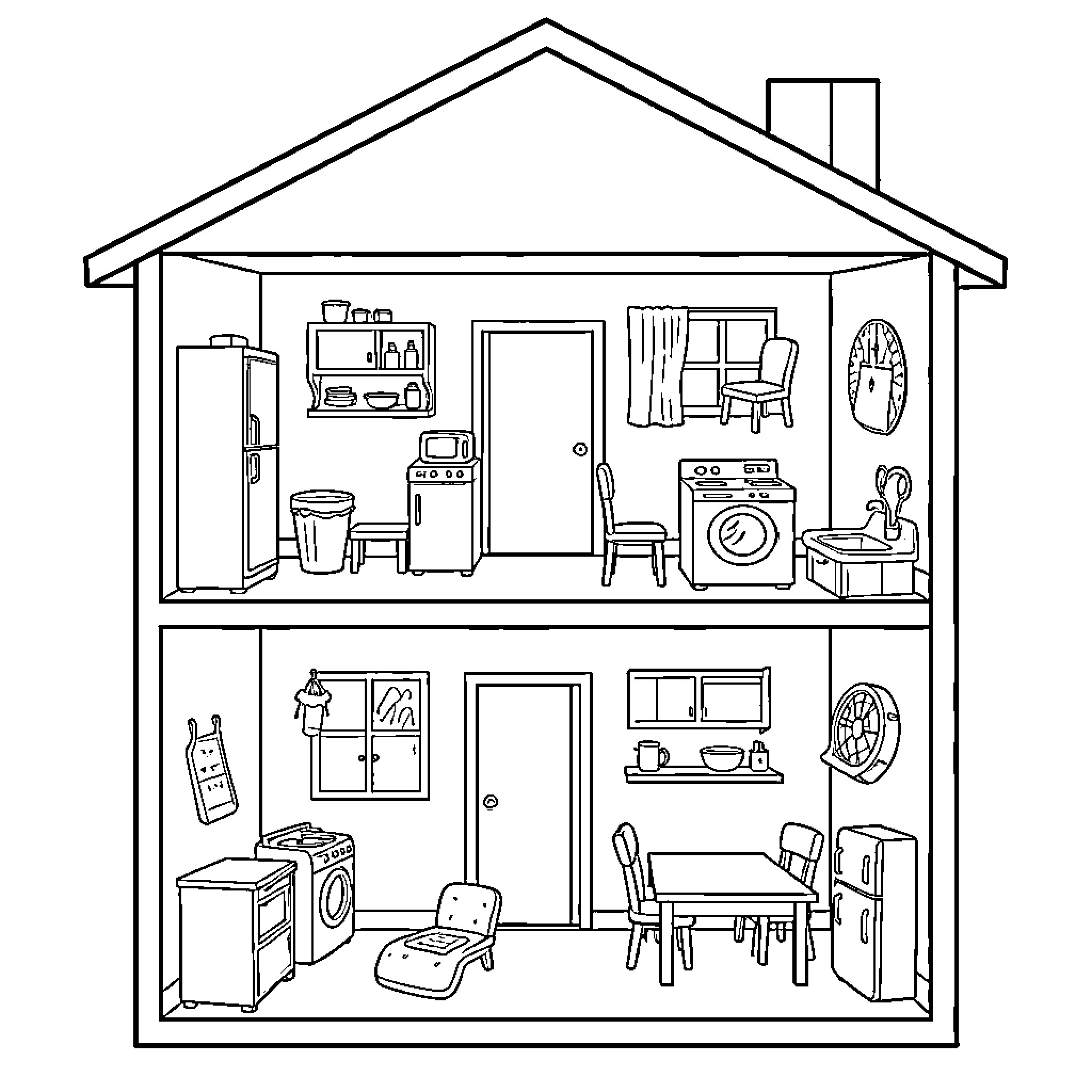 House showing various interior rooms and household appliances Coloring Page (free black-and-white line drawing printable PDF for all, from beginners to advanced learners, including children, teens, adults, and seniors)