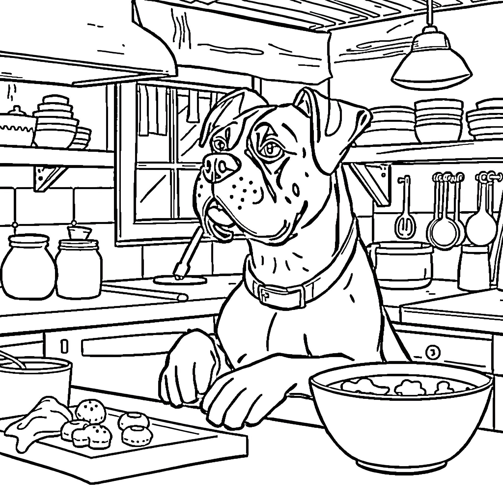 Dog Enjoying Snacks in the Kitchen Coloring Page (free black-and-white line drawing printable PDF for all, from beginners to advanced learners, including children, teens, adults, and seniors)