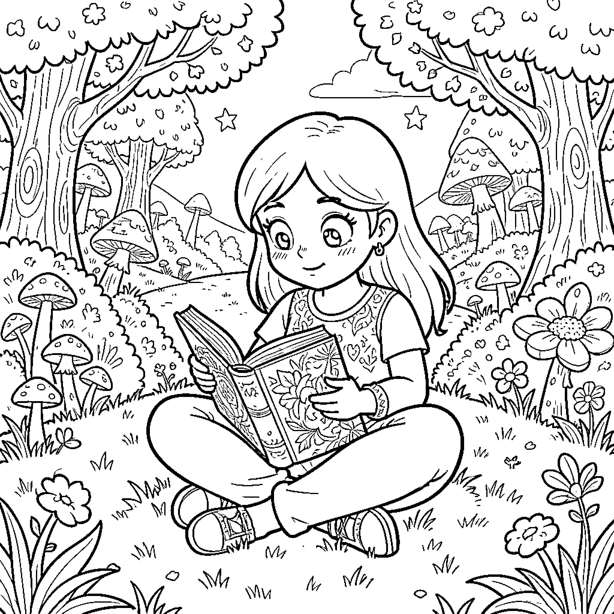Alicia sitting in a forest reading a book Coloring Page (free black-and-white line drawing printable PDF for all, from beginners to advanced learners, including children, teens, adults, and seniors)