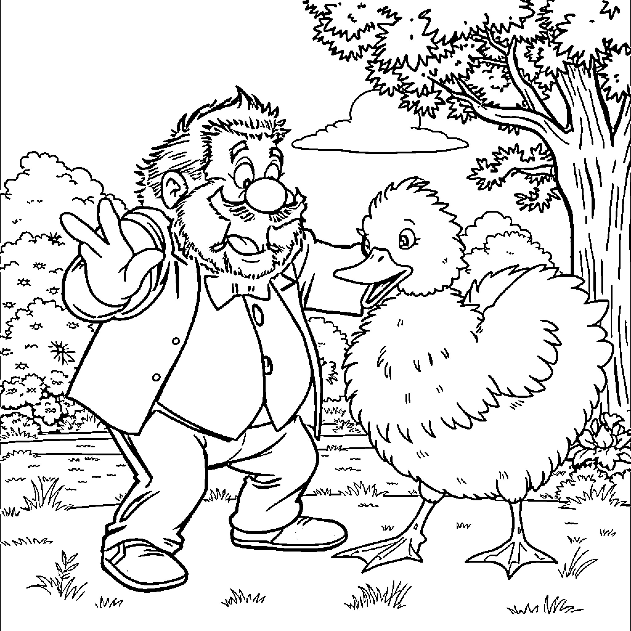 Danny DeVito interacting with whimsical cartoon characters in nature Coloring Page (free black-and-white line drawing printable PDF for all, from beginners to advanced learners, including children, teens, adults, and seniors)