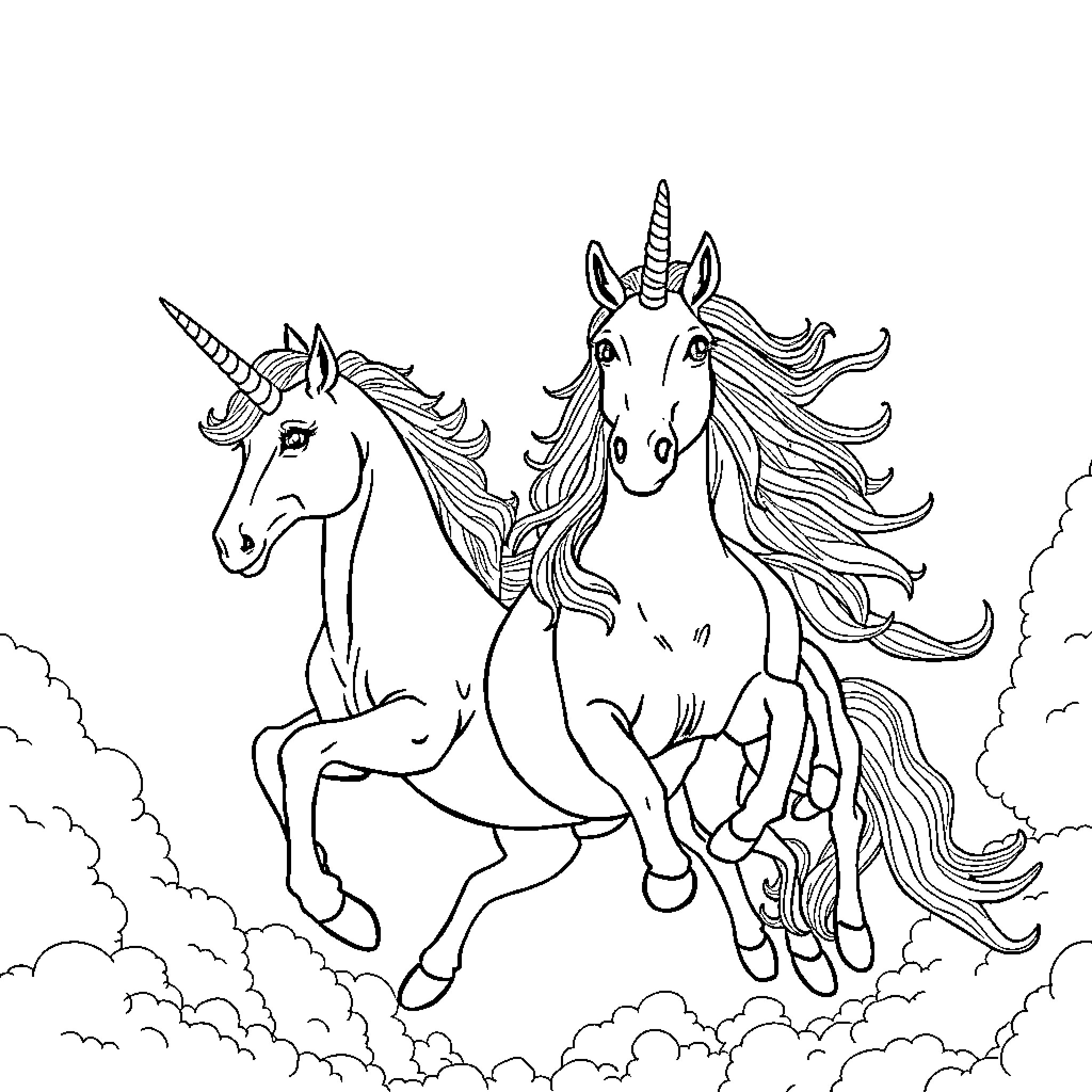 Unicorn Pair Galloping Through Clouds Coloring Page (free black-and-white line drawing printable PDF for all, from beginners to advanced learners, including children, teens, adults, and seniors)