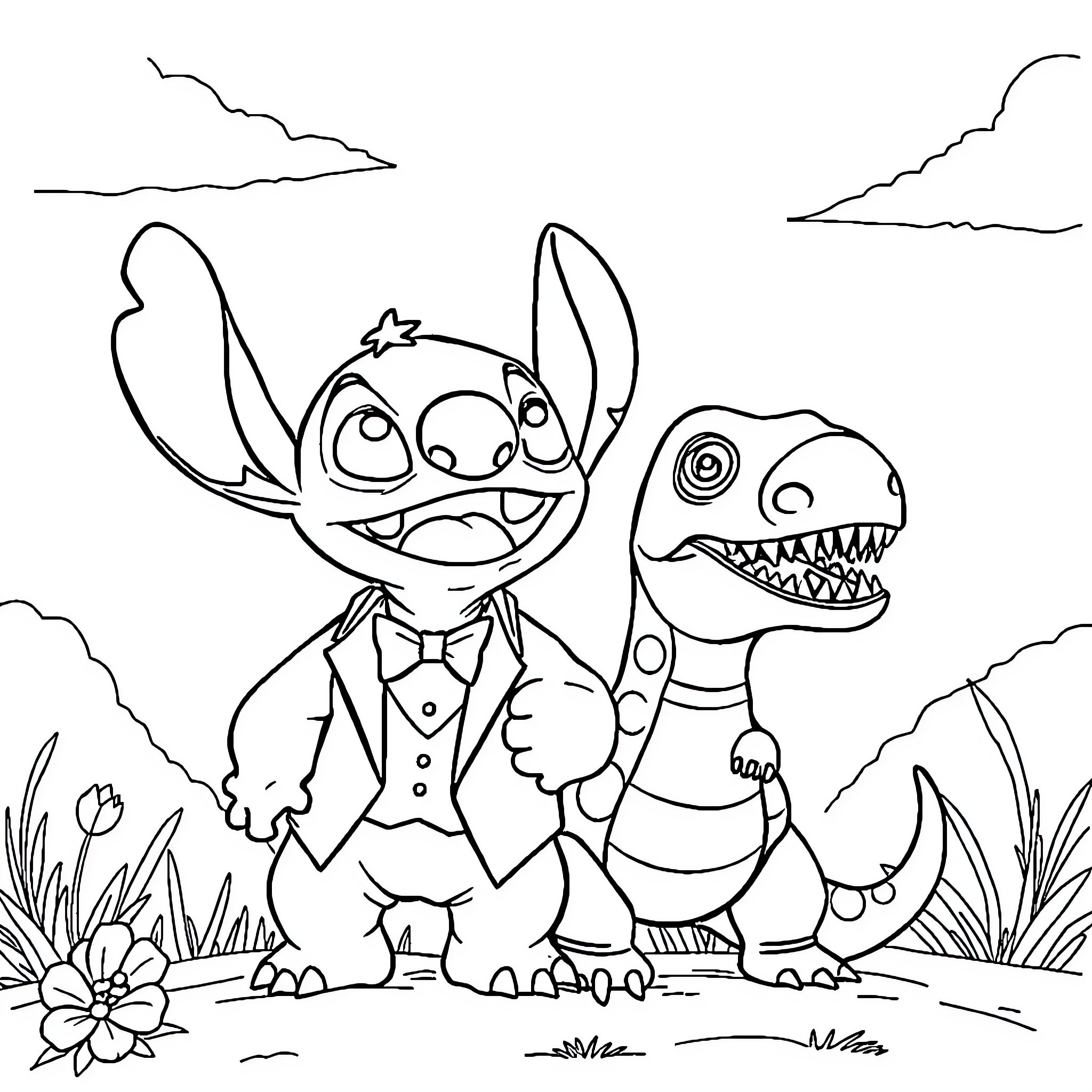 Stitch in a Tuxedo with a Ferocious Dinosaur Coloring Page (free black-and-white line drawing printable PDF for all, from beginners to advanced learners, including children, teens, adults, and seniors)