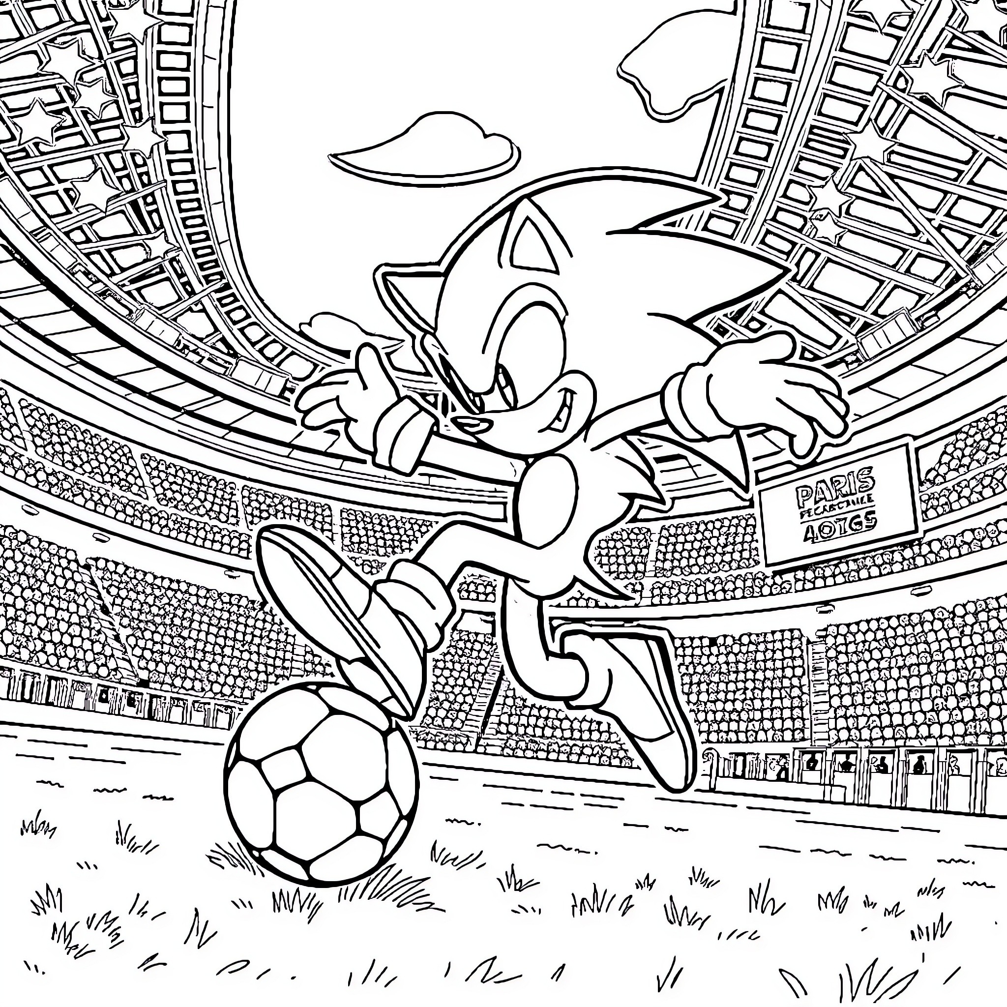 Sonic dribbling a soccer ball in a stadium Coloring Page (free black-and-white line drawing printable PDF for all, from beginners to advanced learners, including children, teens, adults, and seniors)