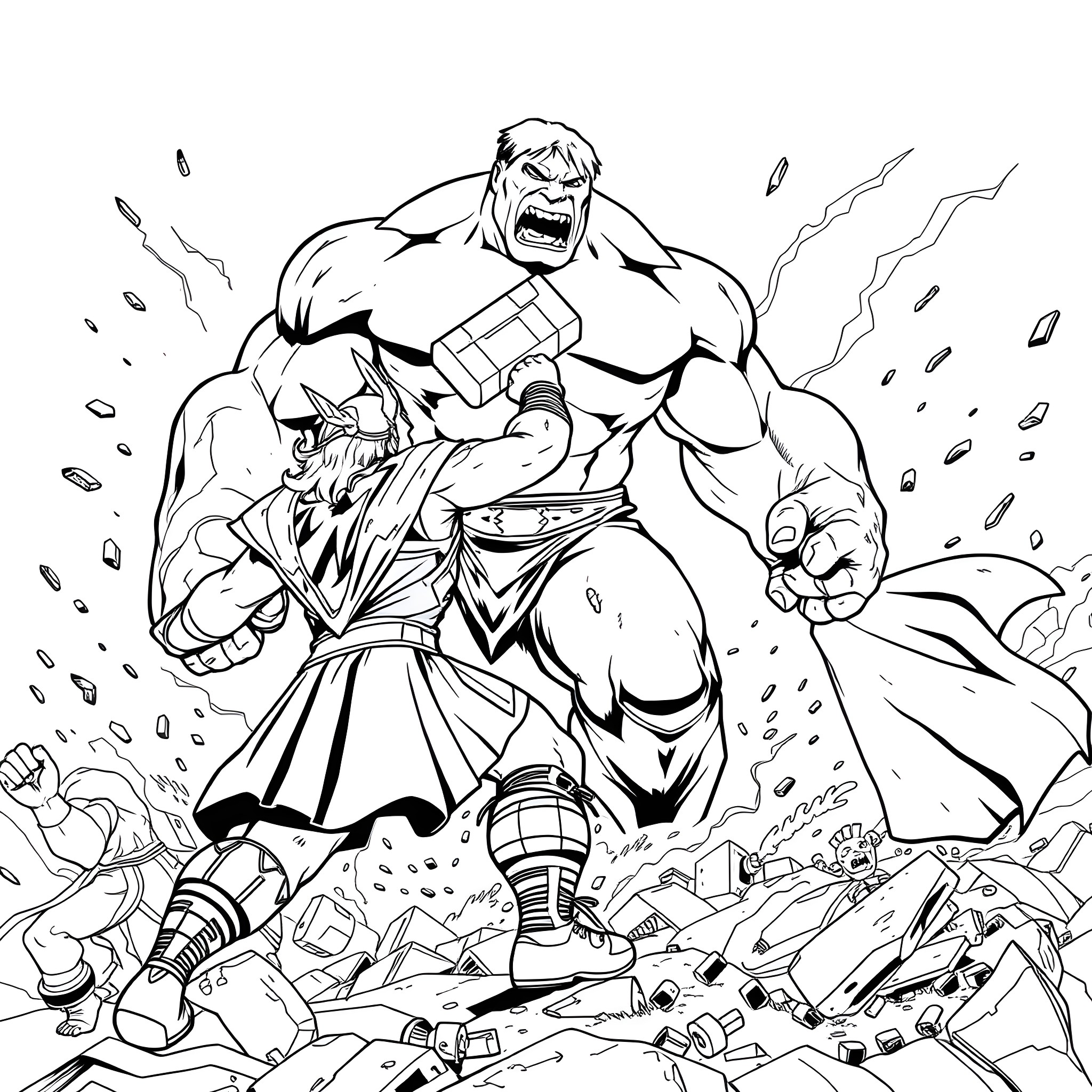 Thor Roaring in Fierce Battle Stance Coloring Page (free black-and-white line drawing printable PDF for all, from beginners to advanced learners, including children, teens, adults, and seniors)