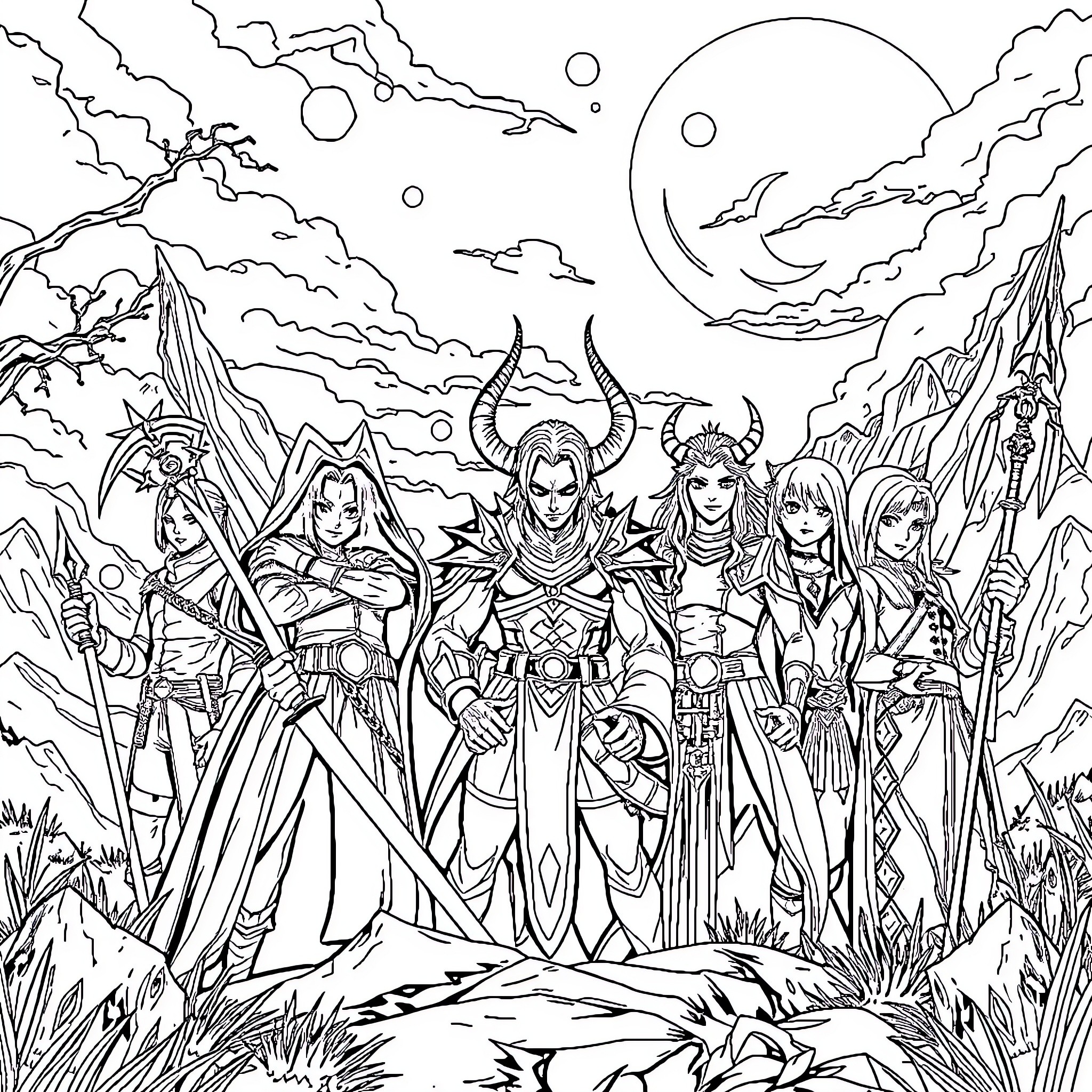 Demon Slayer Protagonists in Heroic Pose Coloring Page (free black-and-white line drawing printable PDF for all, from beginners to advanced learners, including children, teens, adults, and seniors)