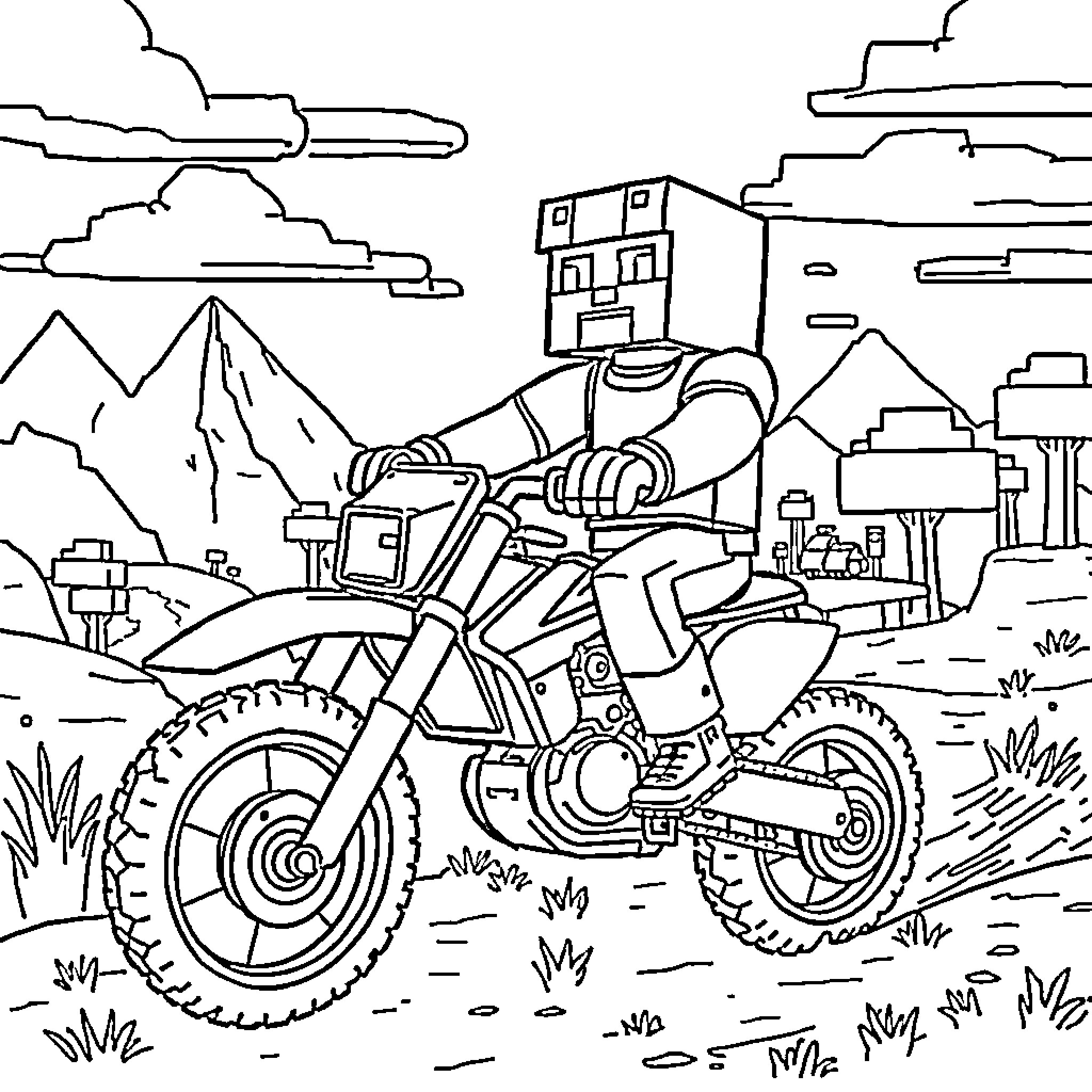 Minecraft adventurer riding off-road motorcycle in rugged terrain Coloring Page (free black-and-white line drawing printable PDF for all, from beginners to advanced learners, including children, teens, adults, and seniors)