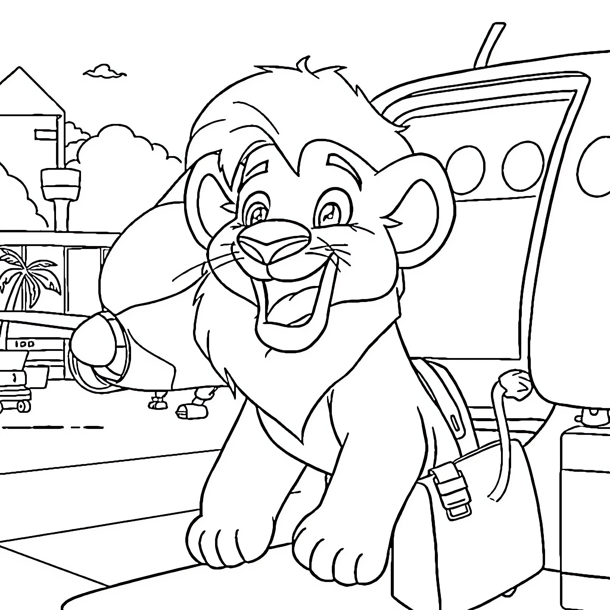 Simba exploring the harbor with excitement Coloring Page (free black-and-white line drawing printable PDF for all, from beginners to advanced learners, including children, teens, adults, and seniors)