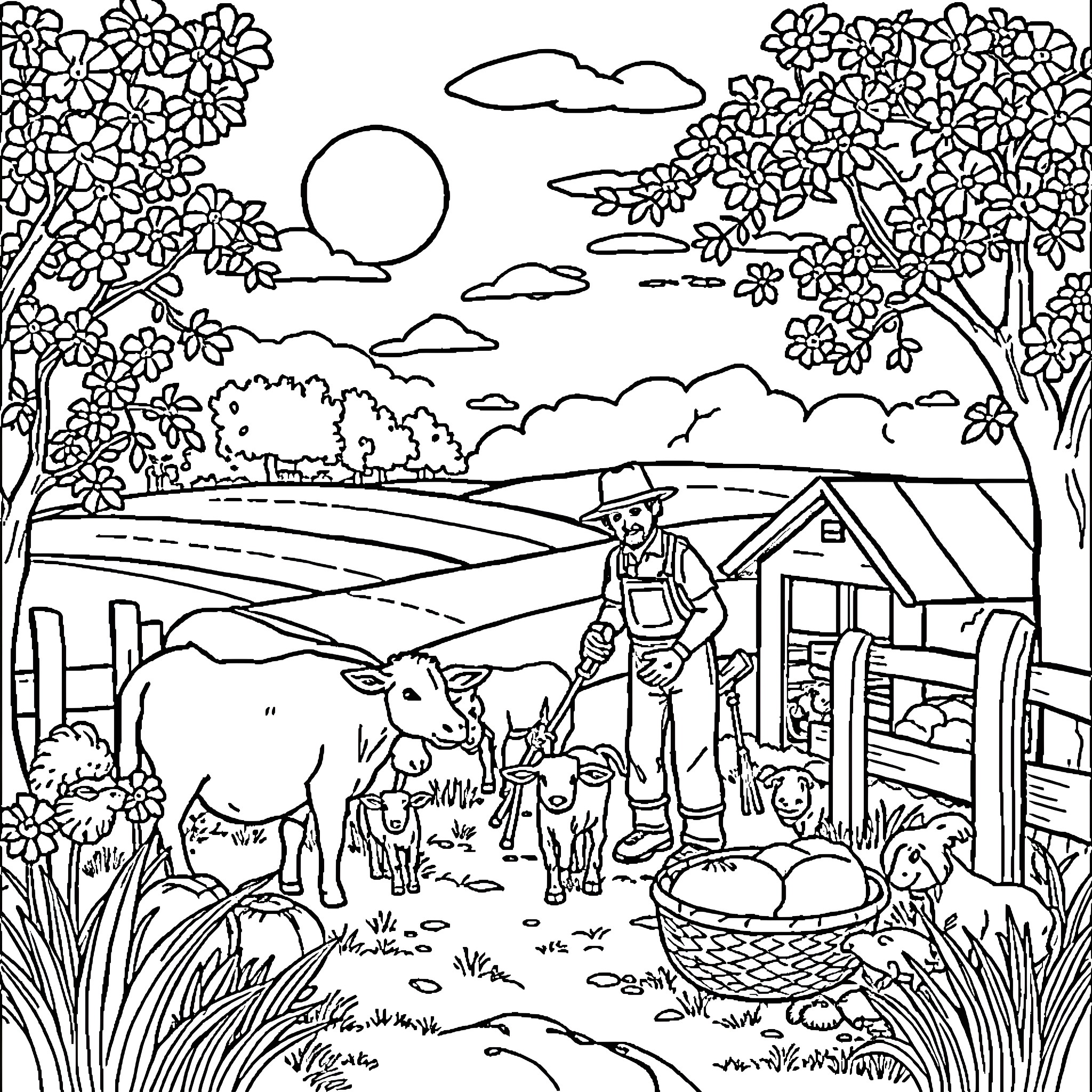 Animal farmhouse scene with farmer and livestock Coloring Page (free black-and-white line drawing printable PDF for all, from beginners to advanced learners, including children, teens, adults, and seniors)