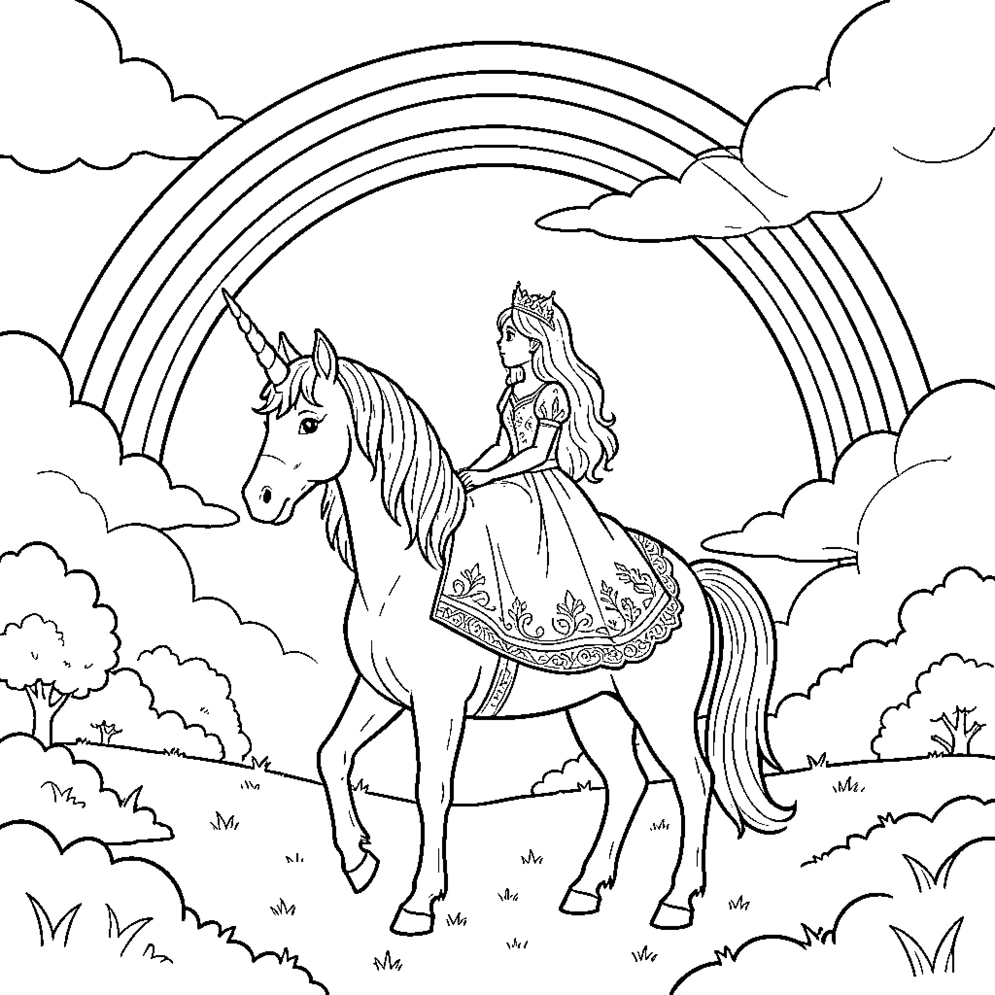 Princess riding a unicorn under a rainbow Coloring Page (free black-and-white line drawing printable PDF for all, from beginners to advanced learners, including children, teens, adults, and seniors)