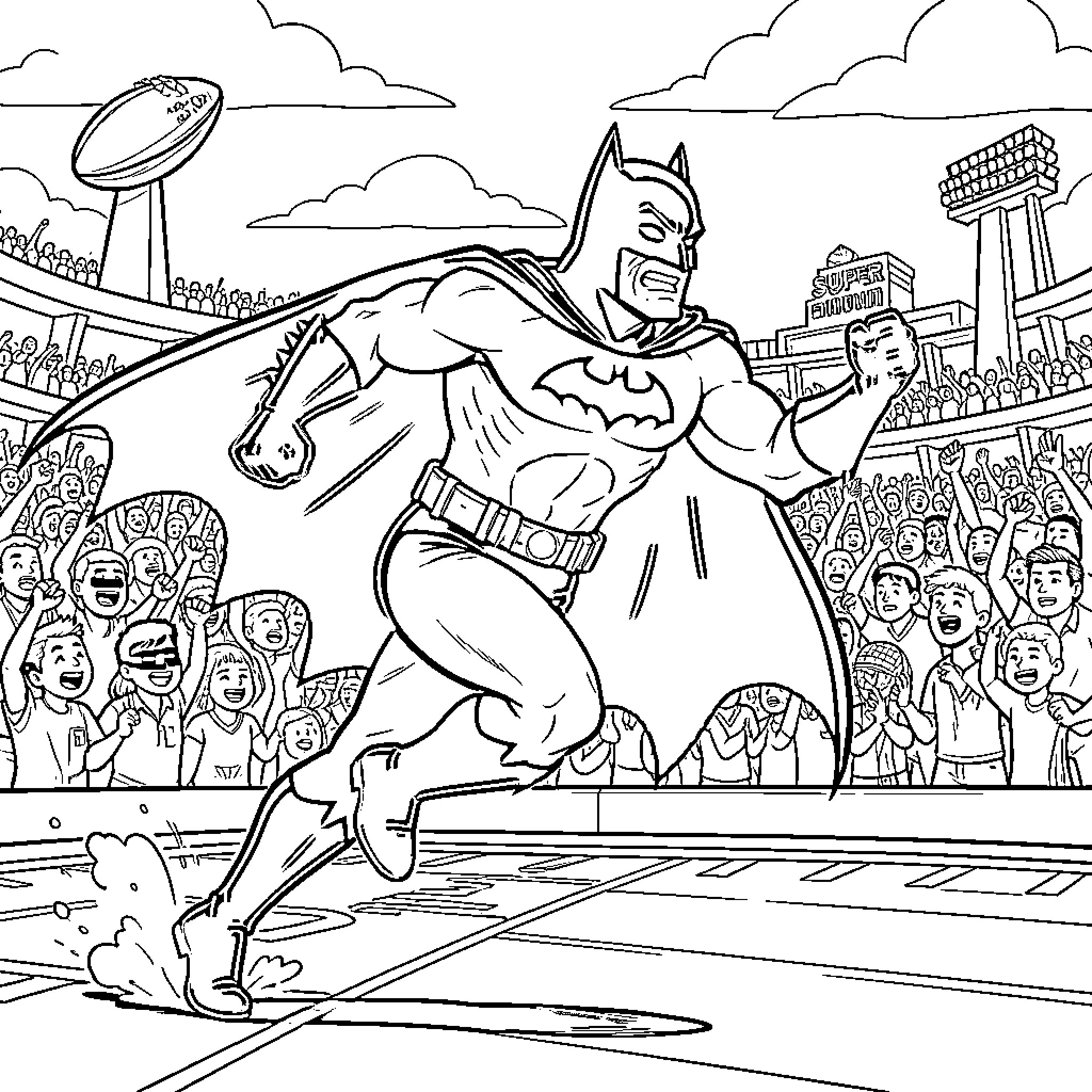 Batman Saves the Day at the Stadium Coloring Page (free black-and-white line drawing printable PDF for all, from beginners to advanced learners, including children, teens, adults, and seniors)